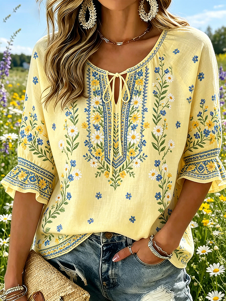 Women's Midsummer Floral Pastoral V-Neck Top