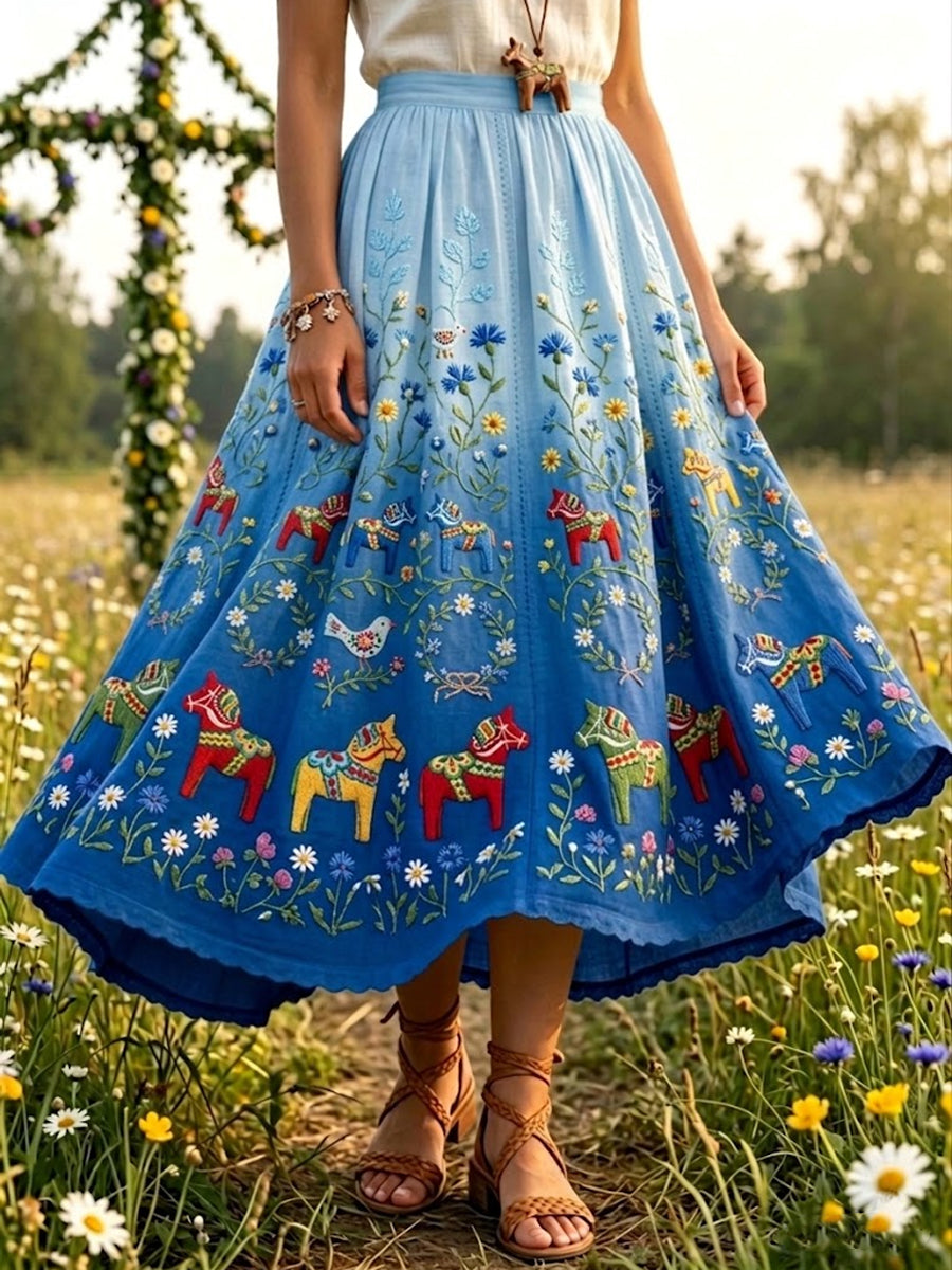 Women's retro-style mid-length skirt with gradient and romantic floral pattern