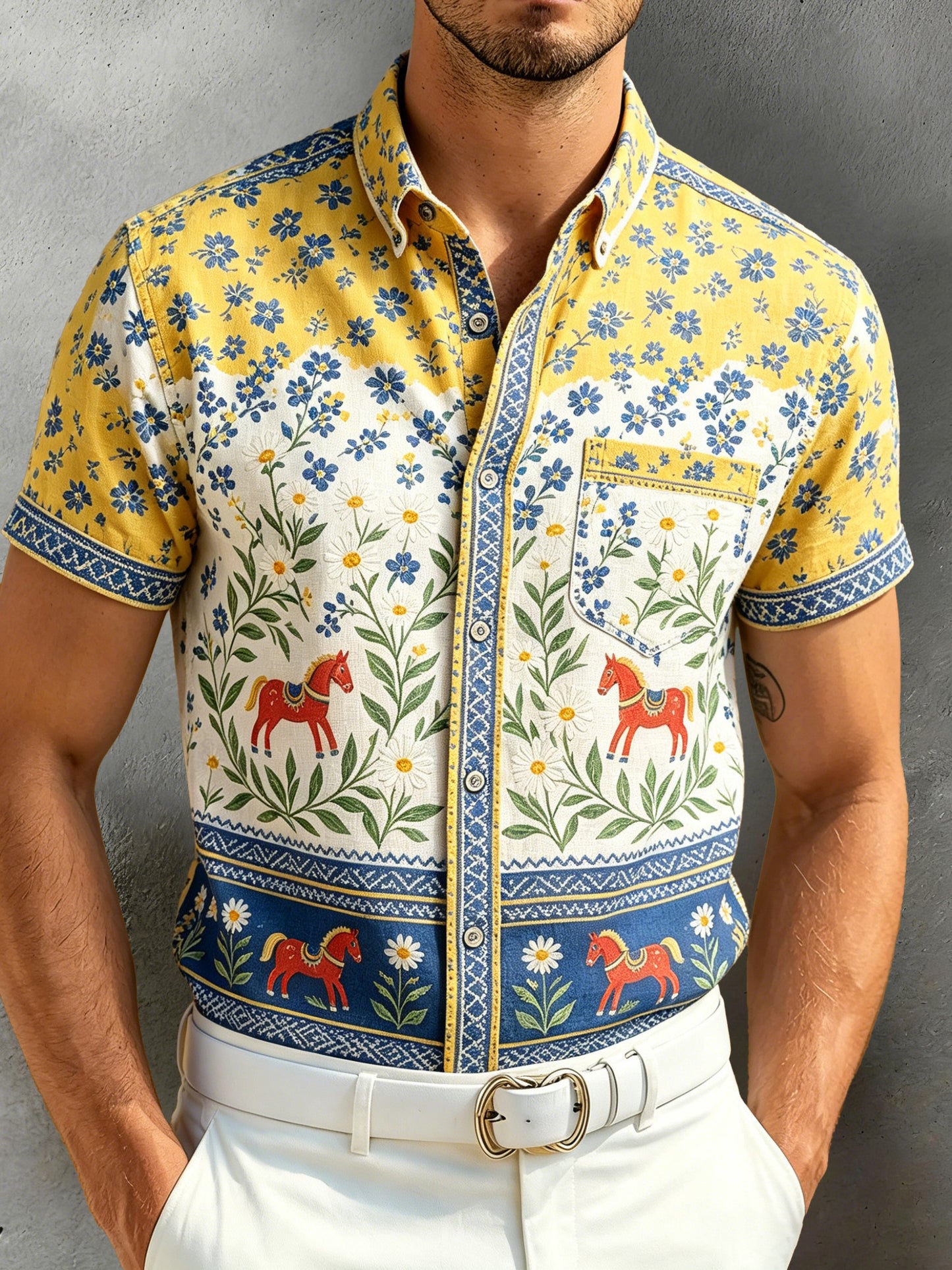 Men's short-sleeved top with an art print celebrating the Swedish Midsummer festival