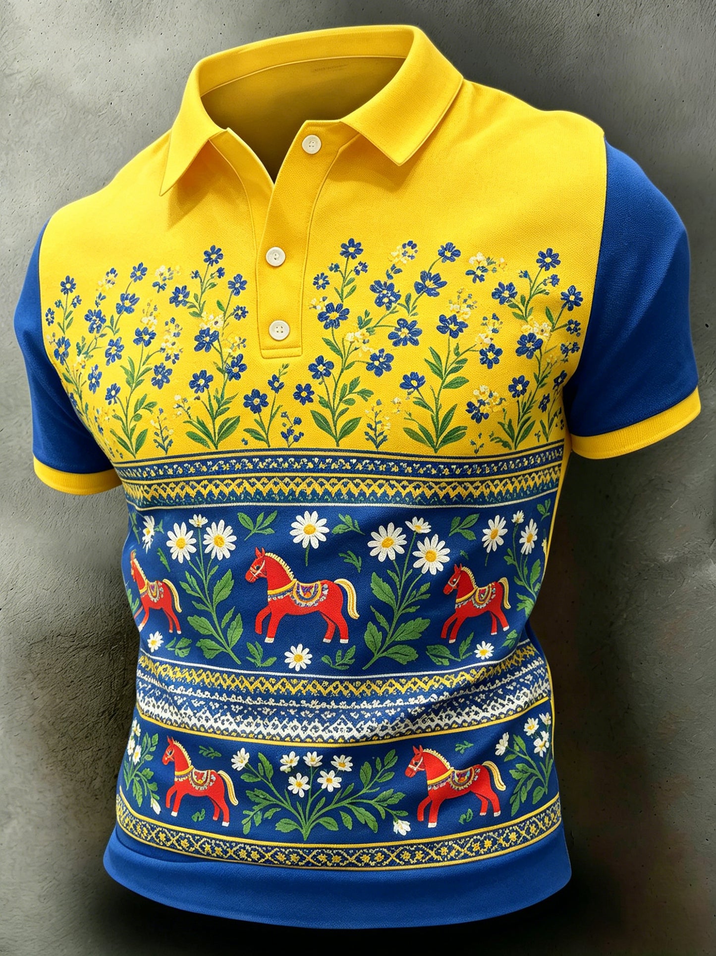 Men's polo shirt with an art print celebrating the Swedish Midsummer festival