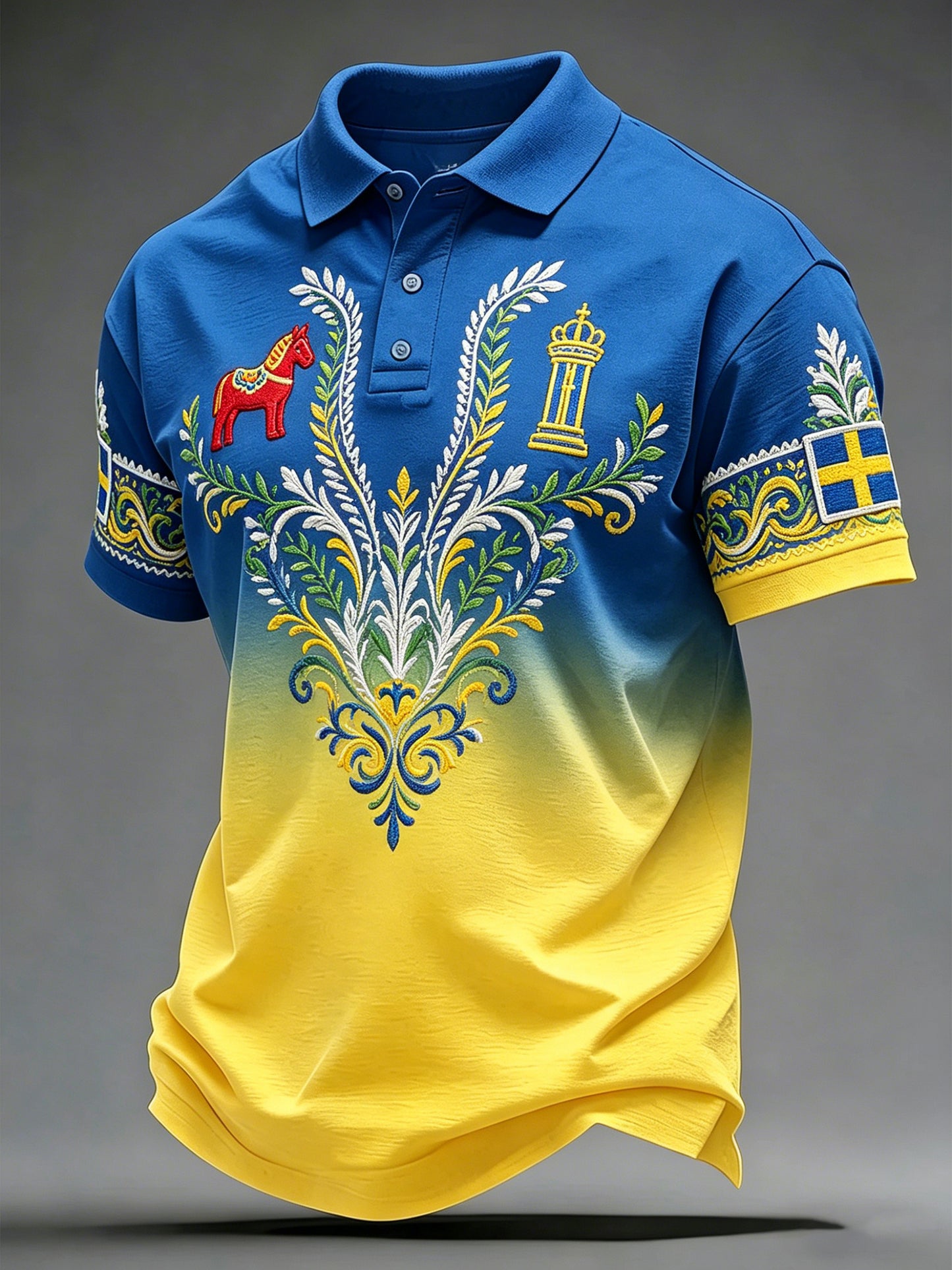 Men's polo shirt with an art print celebrating the Swedish Midsummer festival