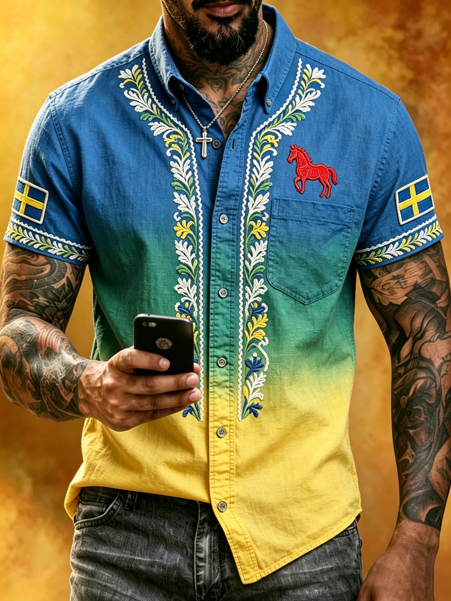 Herrtröja med korta ärmar och konstprint som hyllar den svenska midsommarfesten