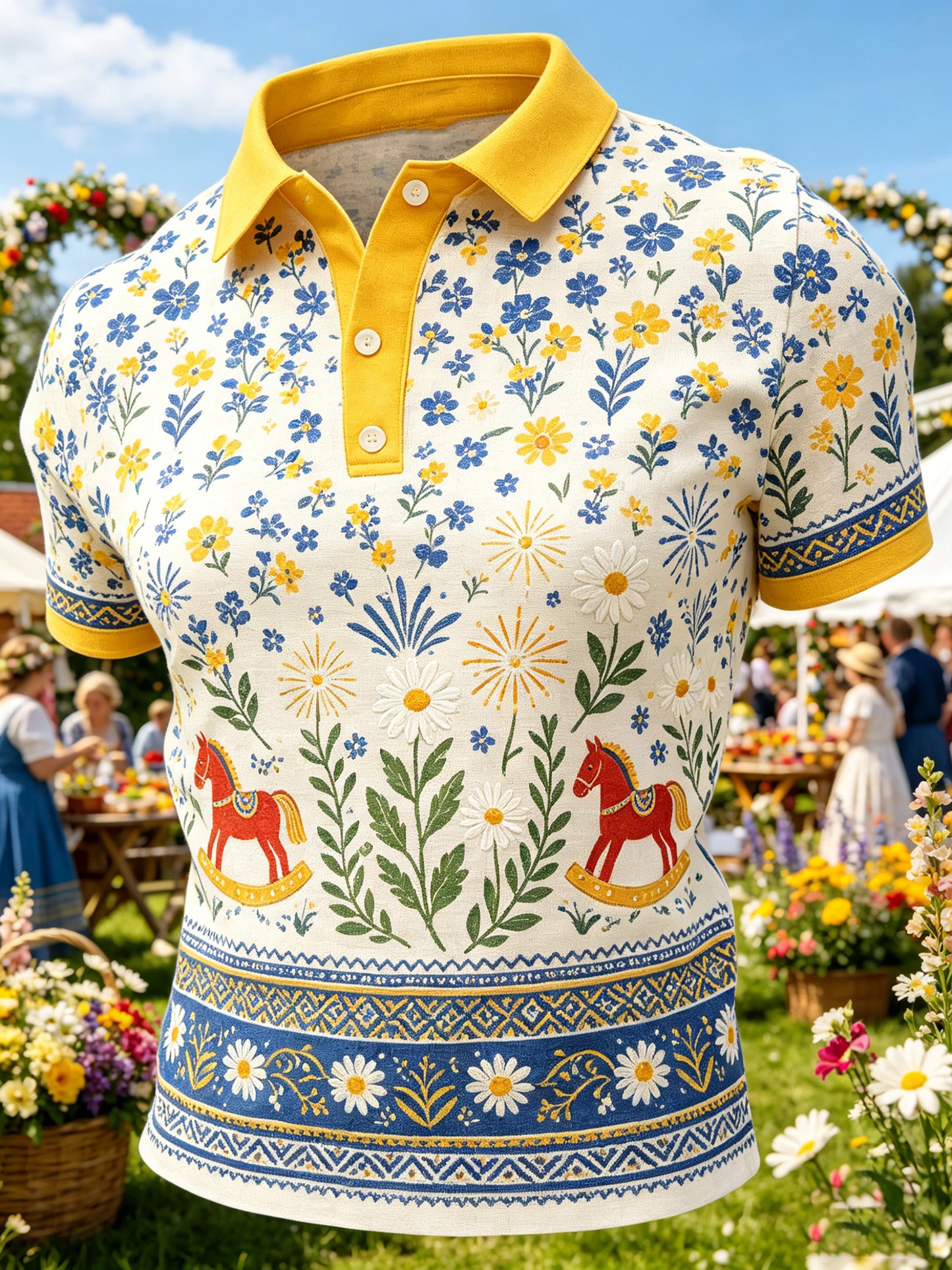 Men's polo shirt with an art print celebrating the Swedish Midsummer festival