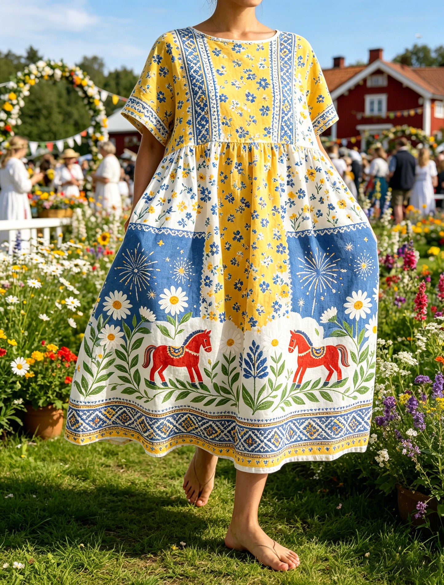 Ladies' Swedish Midsummer Festival Memory Art Print Long Dress