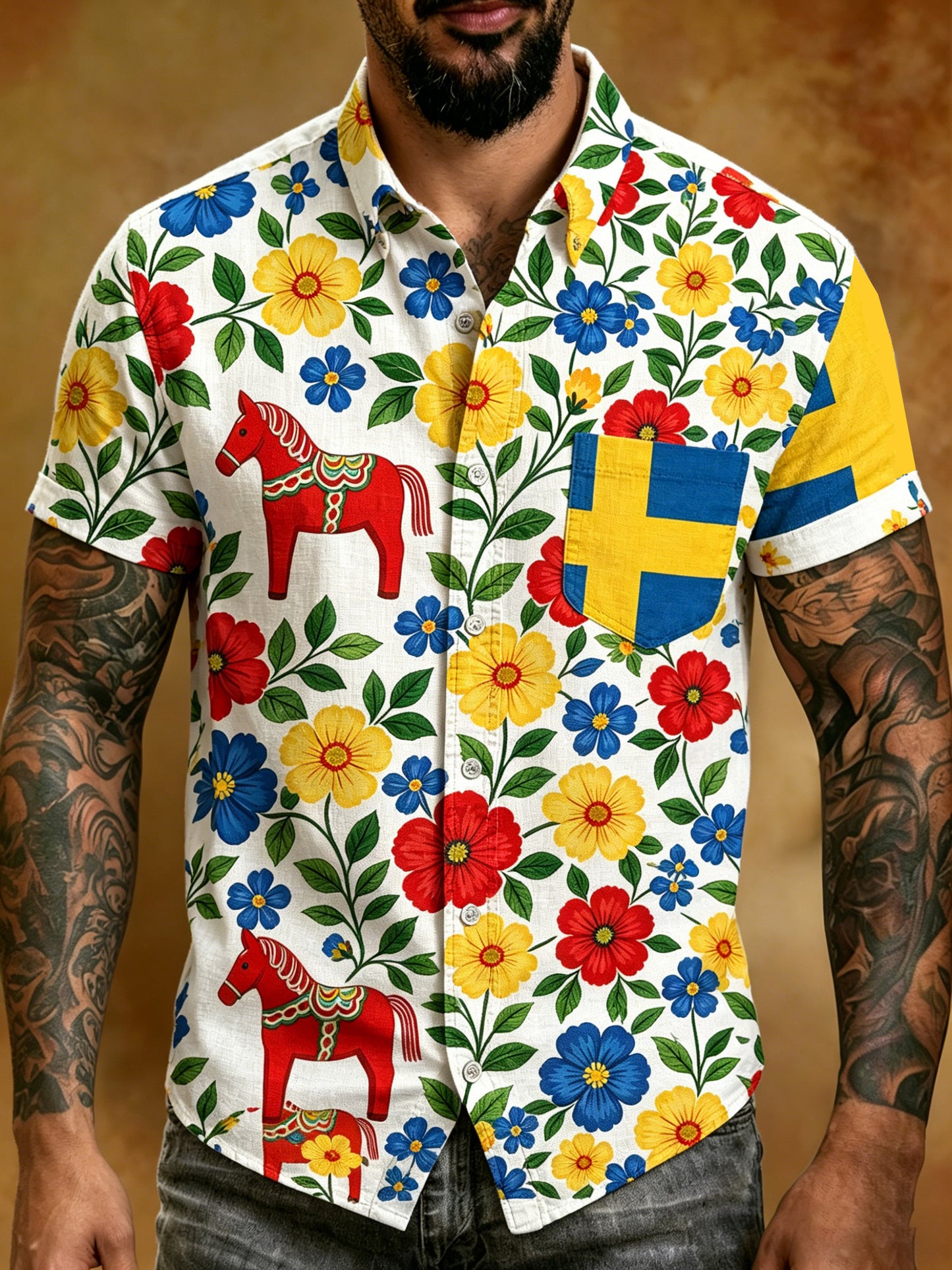 Men's short-sleeved t-shirt with art print celebrating the Swedish Midsummer festival