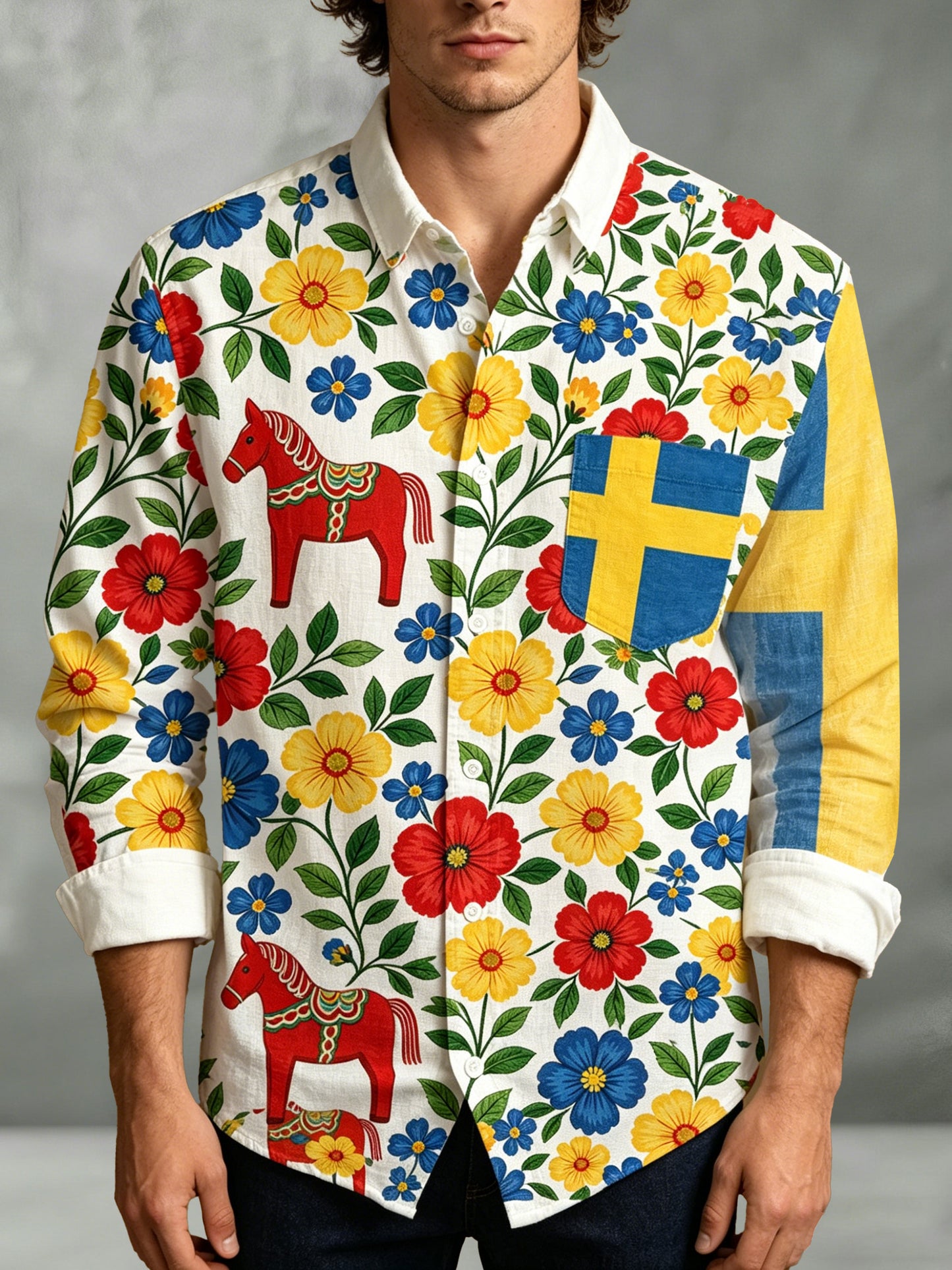 Men's long-sleeved t-shirt with art print commemorating the Swedish Midsummer festival