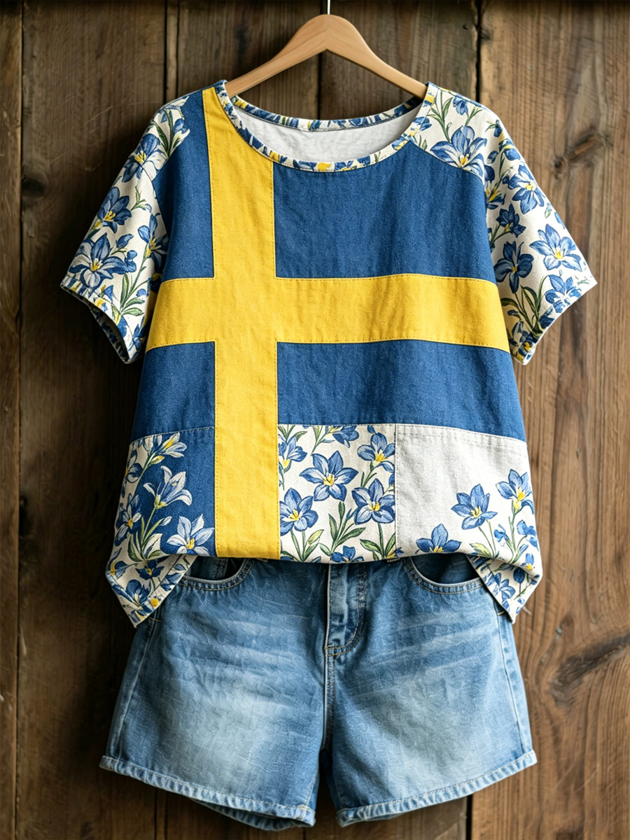 Women's knitted sweater with Swedish text about plants and flowers, relaxed style