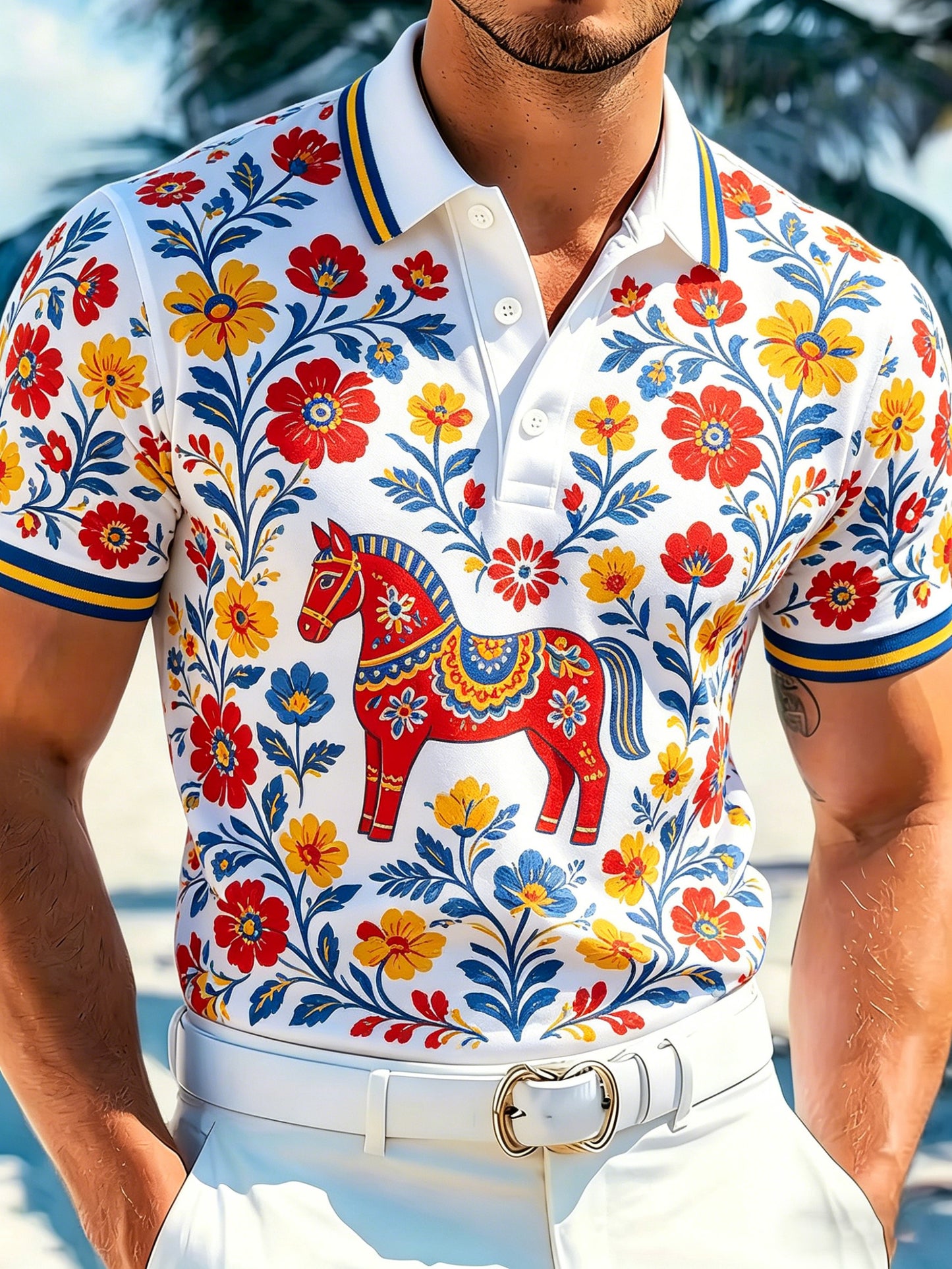 Men's Polo Shirt with Art Print – Swedish Midsummer Festival