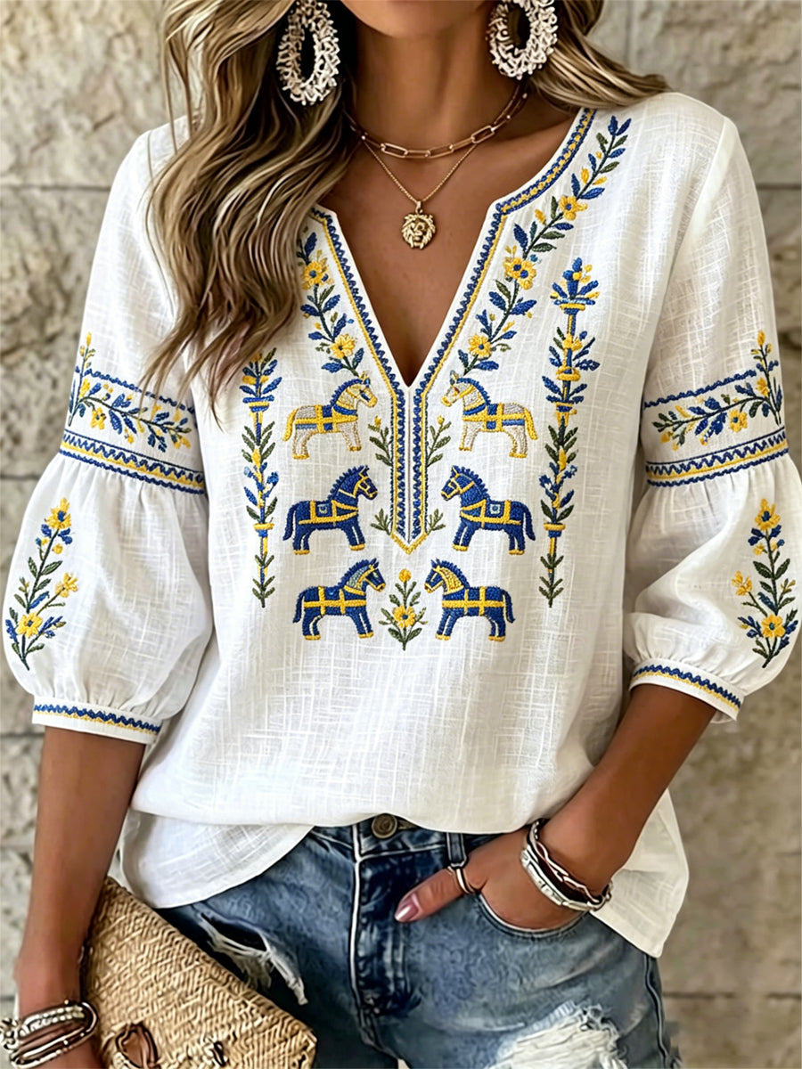 Women's summer blouse with Swedish Midsummer print, relaxed fit