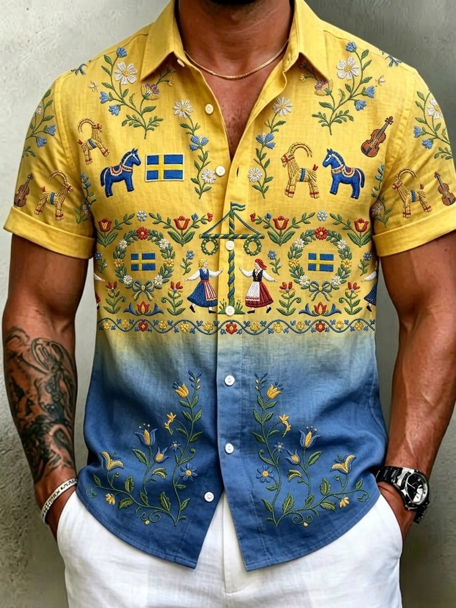 Herrretro svensk midsommarfolkaldrigblommig bomull-linne skjorta med korta ärmarna