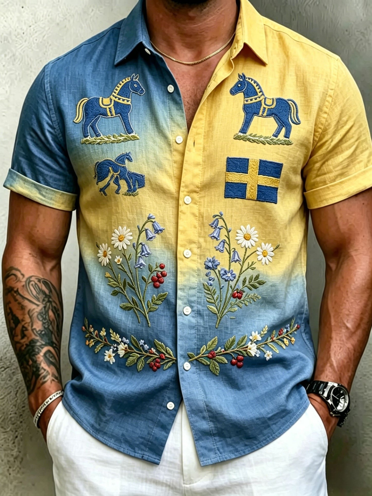 Herrretro svensk midsommarfolkaldrigblommig bomull-linne skjorta med korta ärmarna