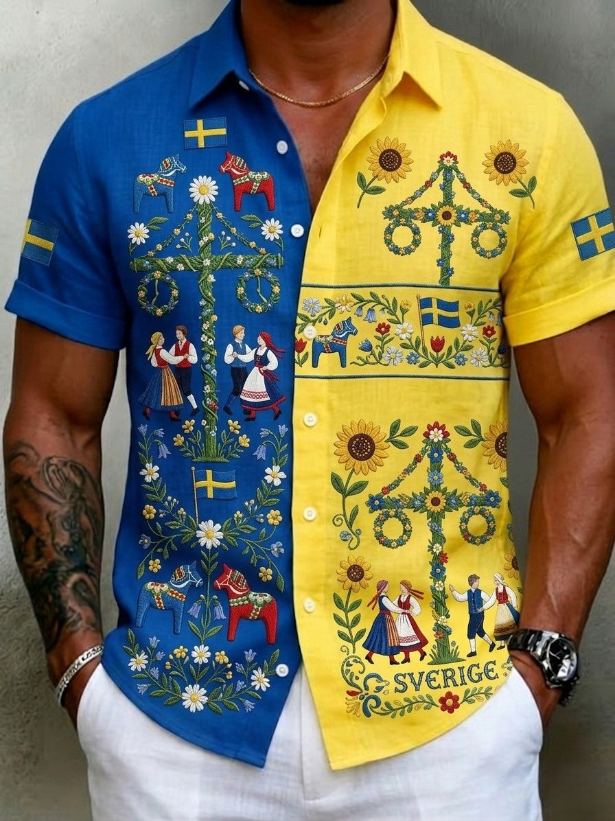 Men's retro Swedish Midsummer folk never-fading floral cotton-linen short-sleeved shirt