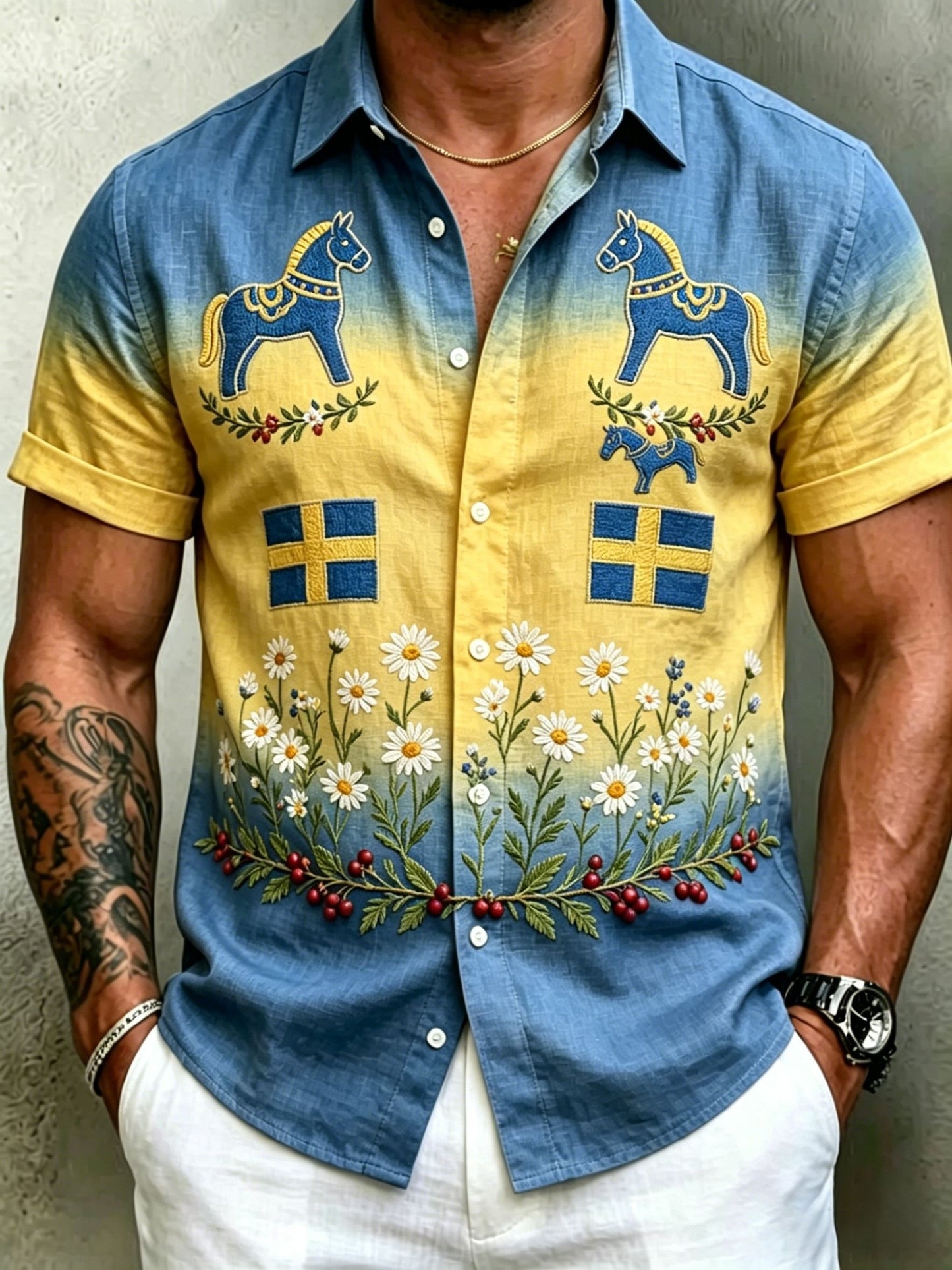 Men's retro Swedish Midsummer folk never-fading floral cotton-linen short-sleeved shirt
