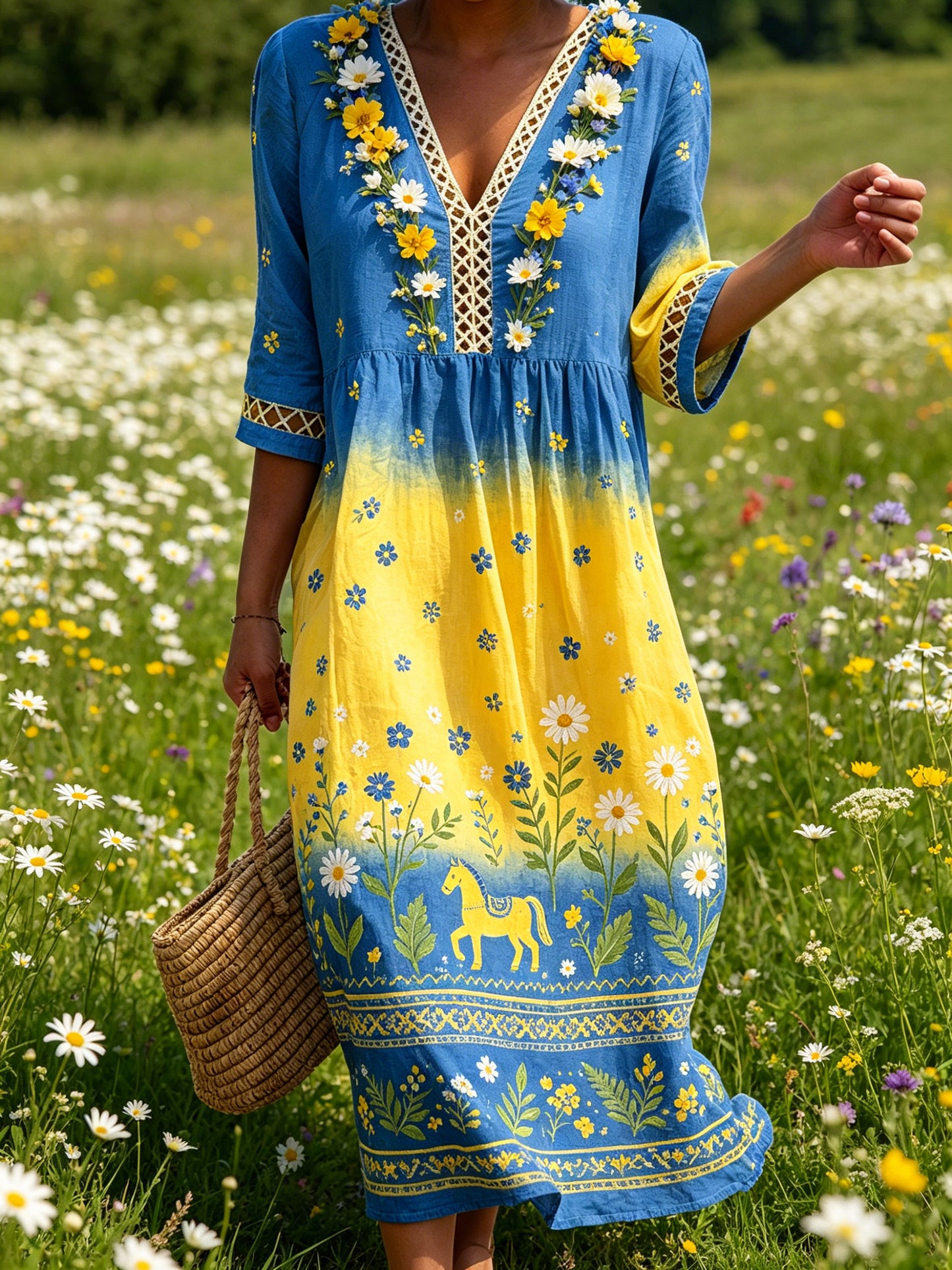 Women's Midsummer Floral Ombre Cotton Linen Casual Dress