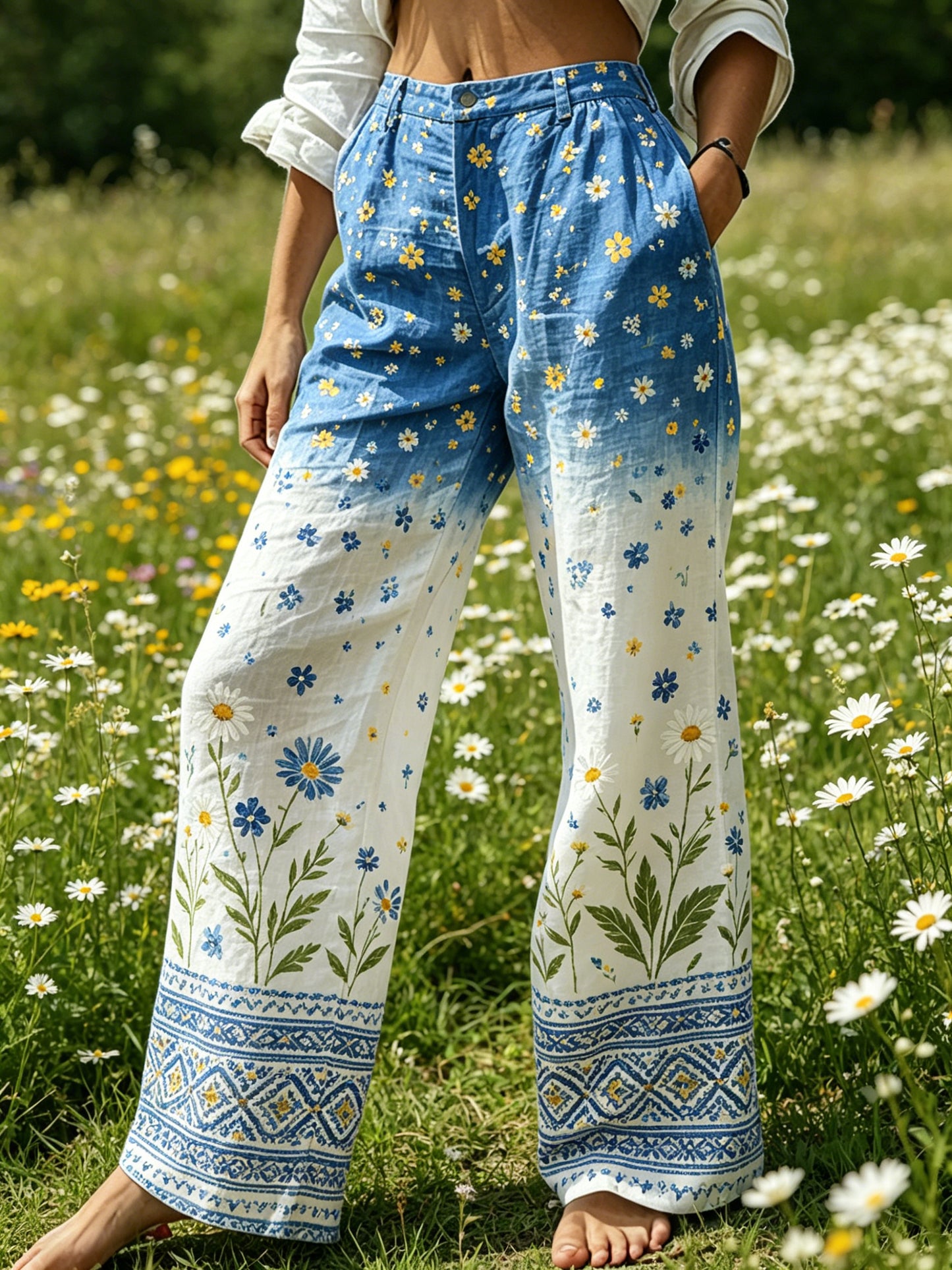 Women's Midsummer Floral Color Gradient Cotton Linen Casual Pants