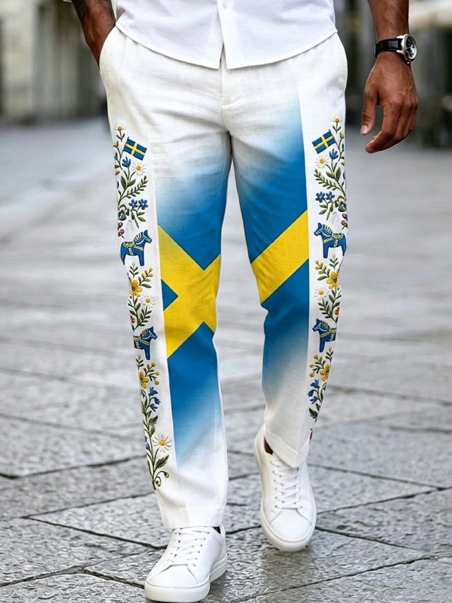 Herrpajamas i retrostil, svensk midsommar, lapptäcke, bomull-linne, lediga byxor