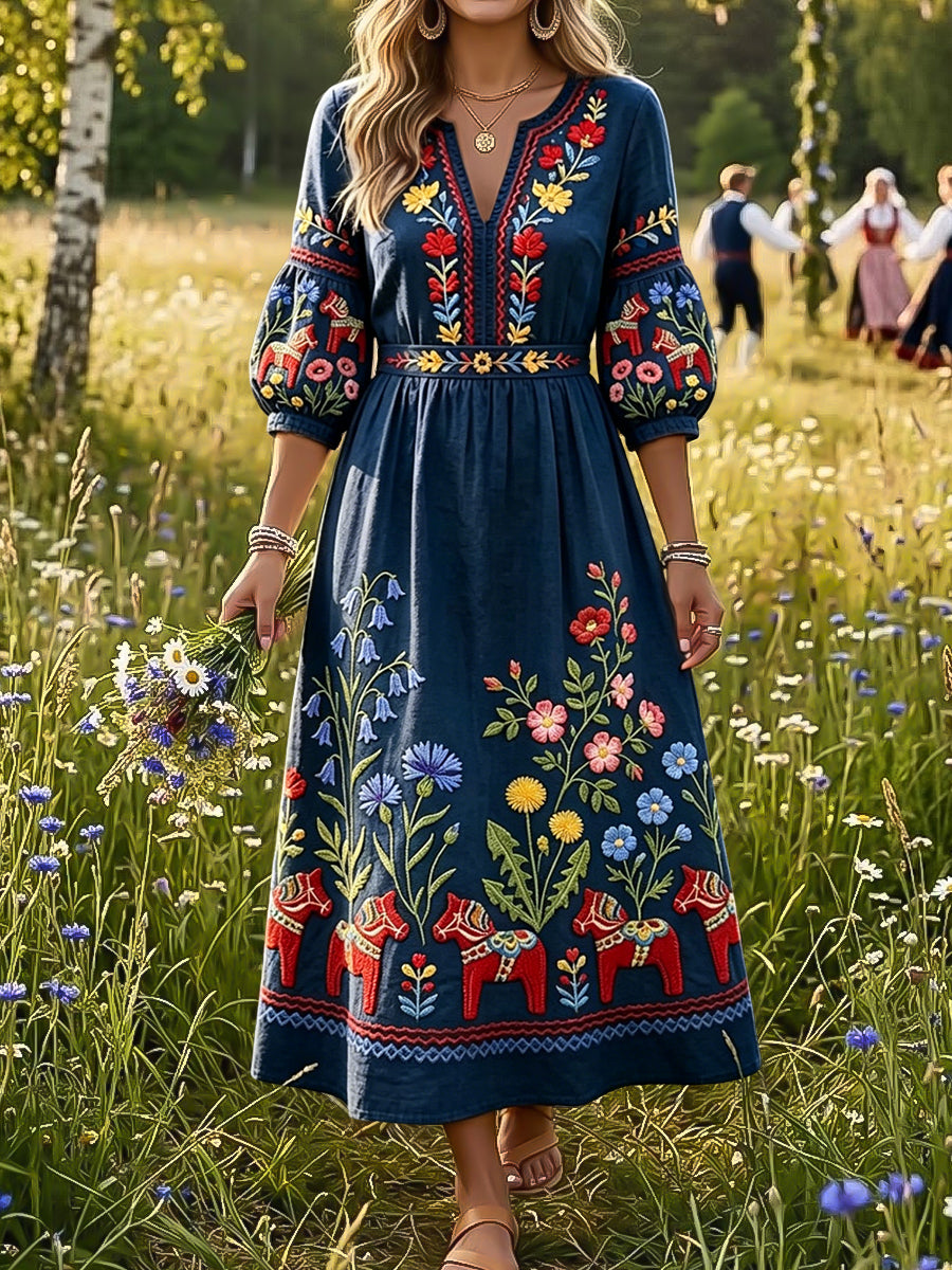 Women's vintage-style Swedish dress with cornflower pattern and V-neck