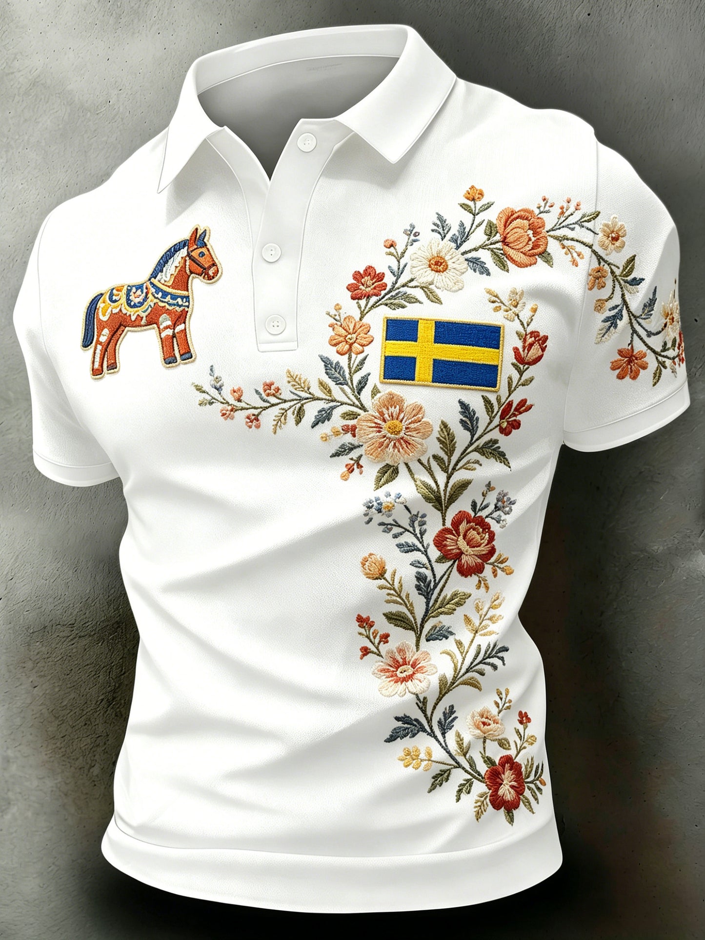Herrpolotröja med kort ärm och konstprint som firar den svenska midsommarfesten