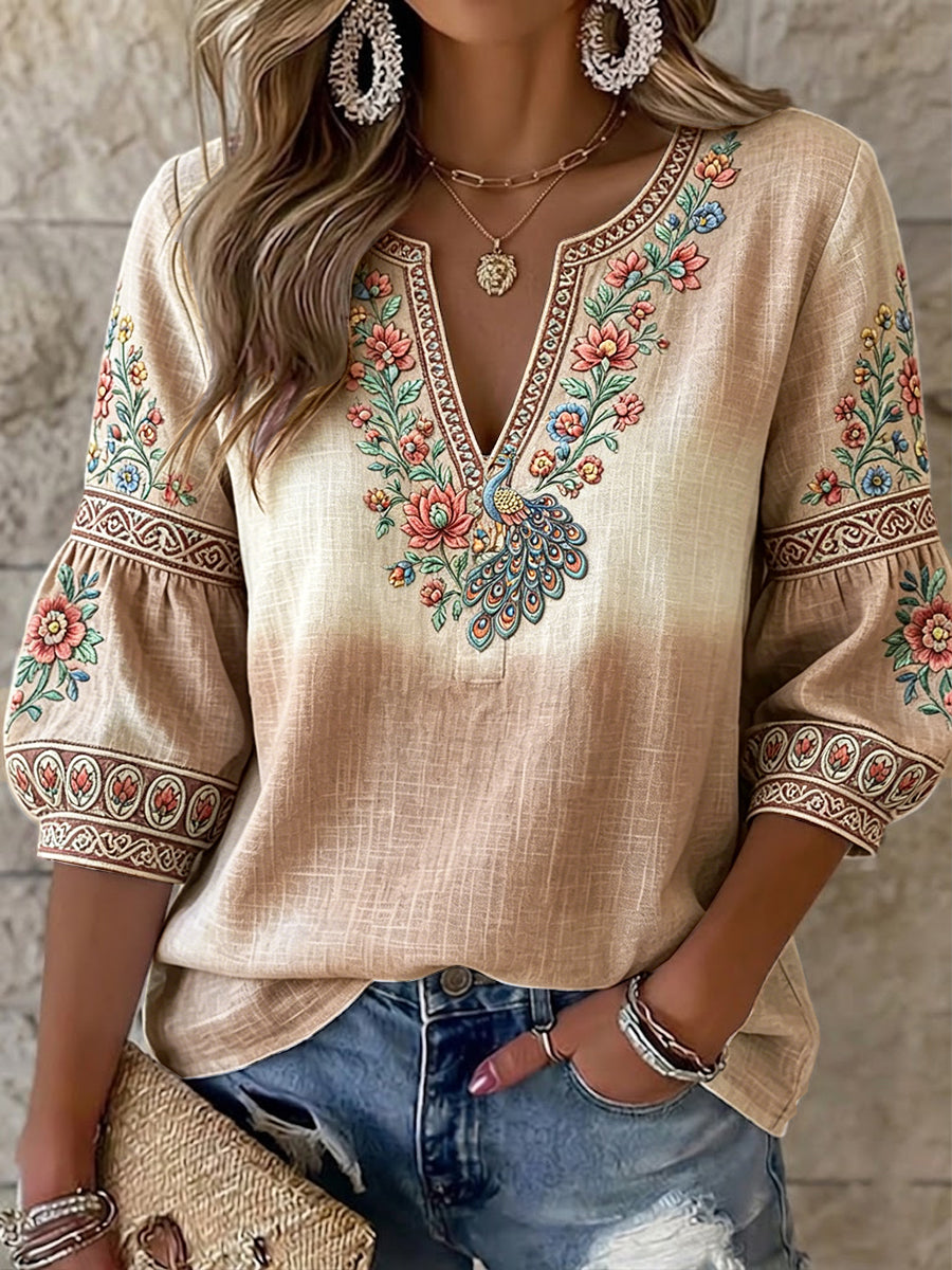 Women's Dark Academia Traditional Floral and Bird Patterned Casual V-Neck Cotton-Linen T-Shirt