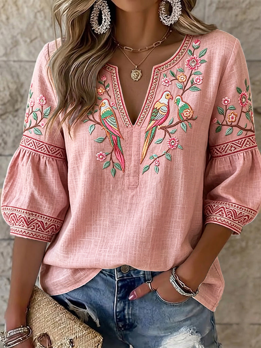 Women's Pink T-Shirt with Traditional Floral and Bird Print, 3D Printed, Cotton-Linen, V-Neck, Casual Style