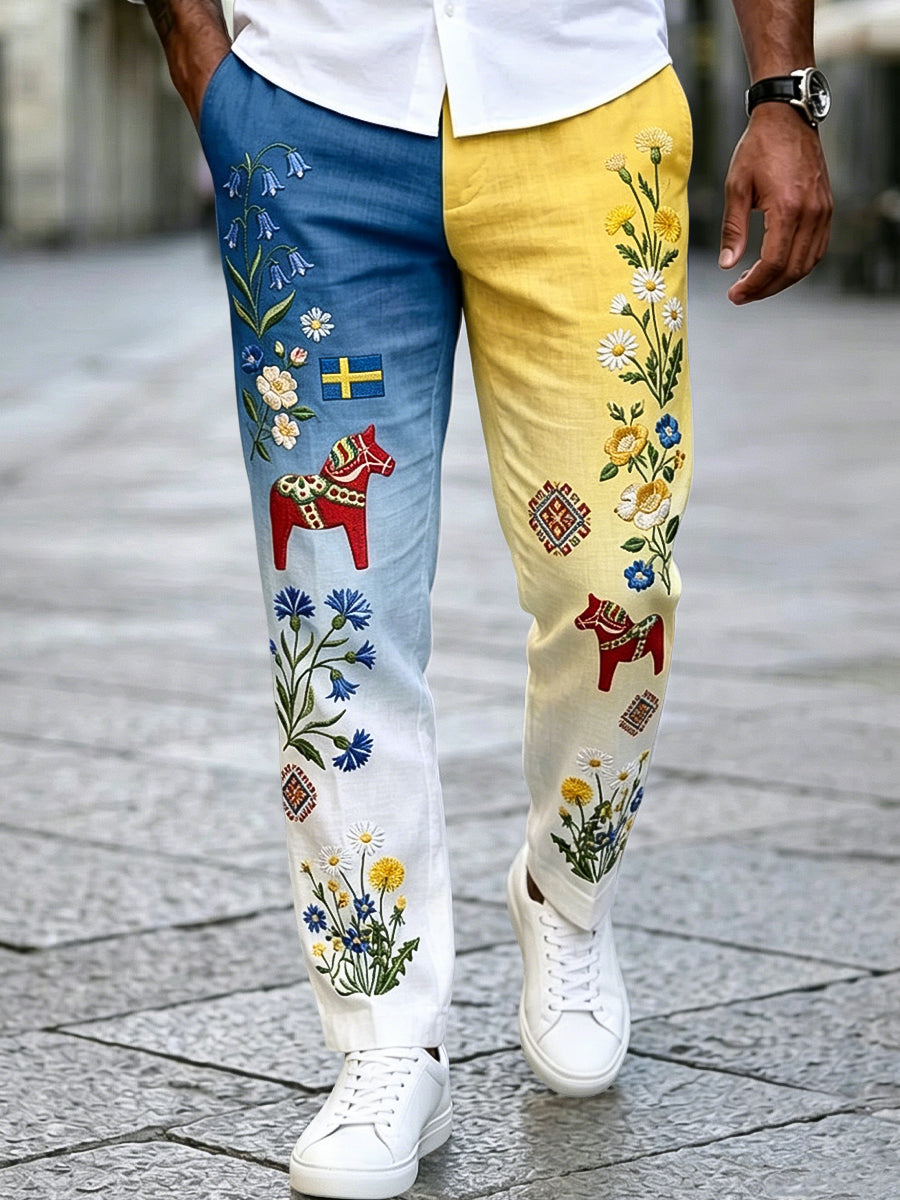 Herr Retro Svenska Midsommar Patchwork Casual Byxor