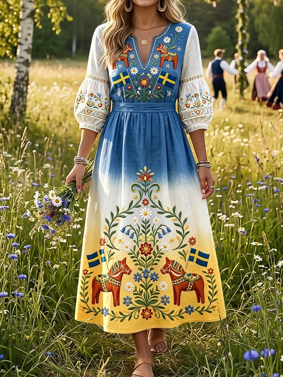 Women's Retro Swedish Midsummer Floral Carousel Gradient Dress