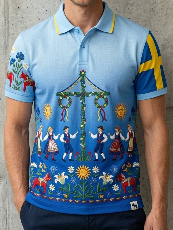 Herrretro svensk midsommarfolkaldrigblommig bomull-linne polotröja med korta ärmarna