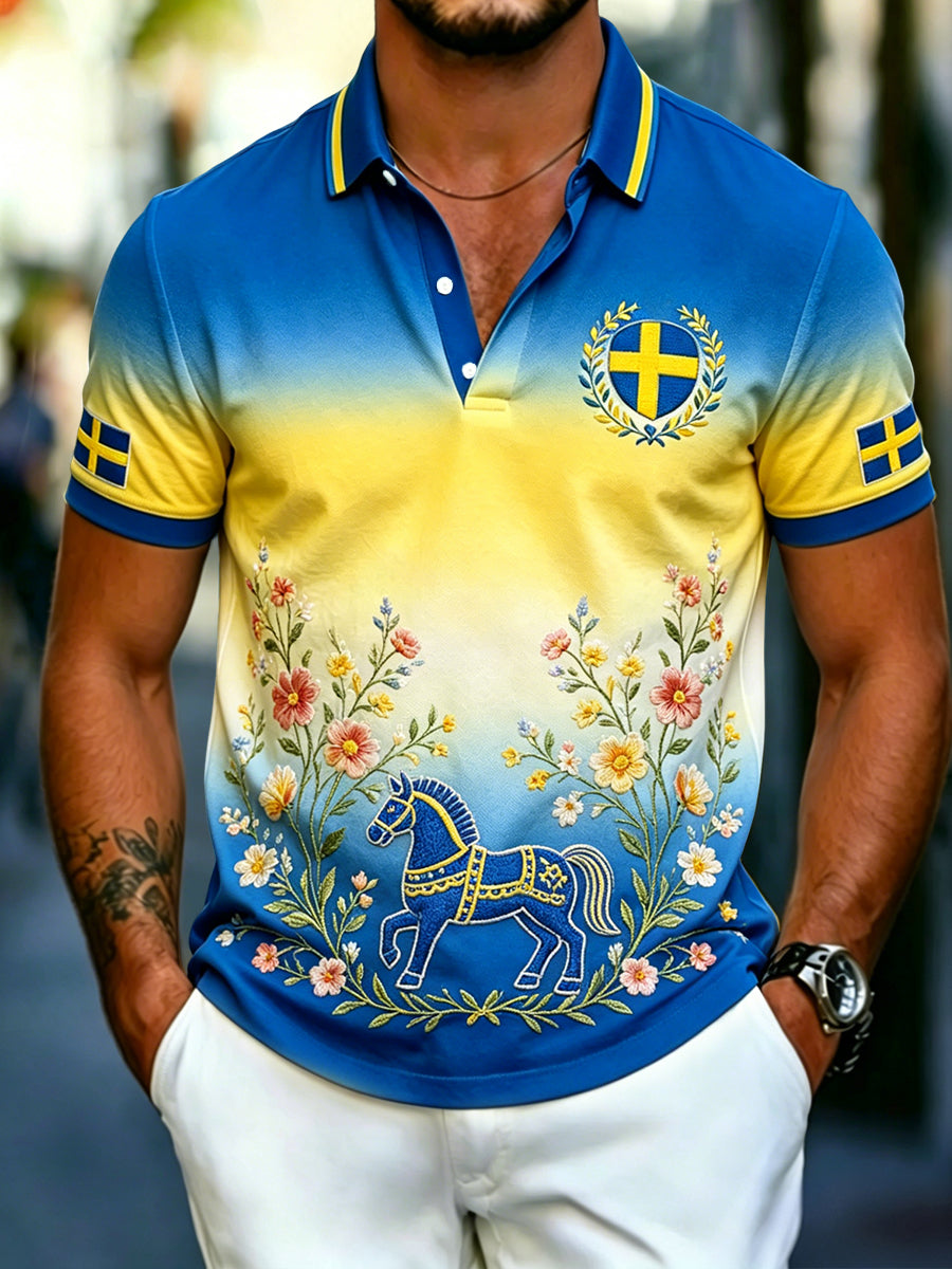 Herrretro svensk midsommargraderad casual polotröja