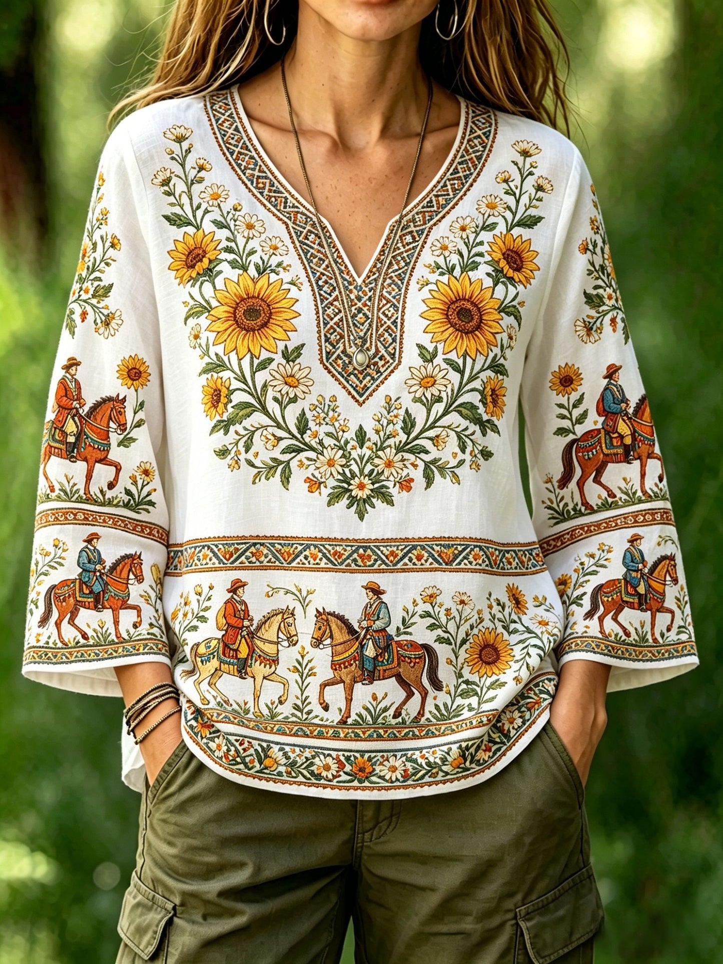 Women's retro Swedish midsummer folk style cotton-linen floral print blouse