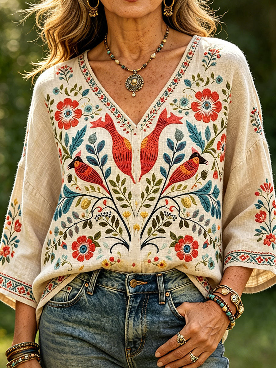 Women's Scandinavian Style Art Print Linen Tops