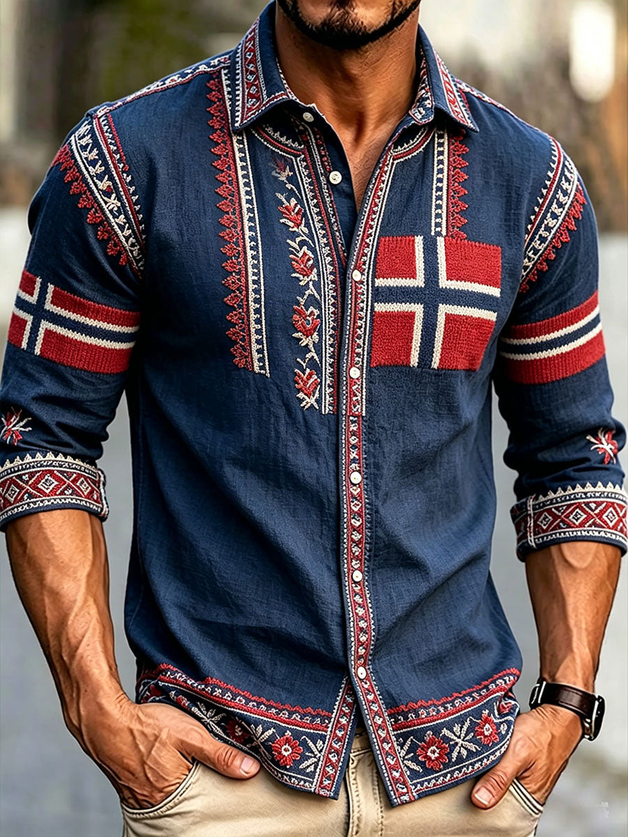 Men's Scandinavian style shirt with Norwegian print in linen fabric