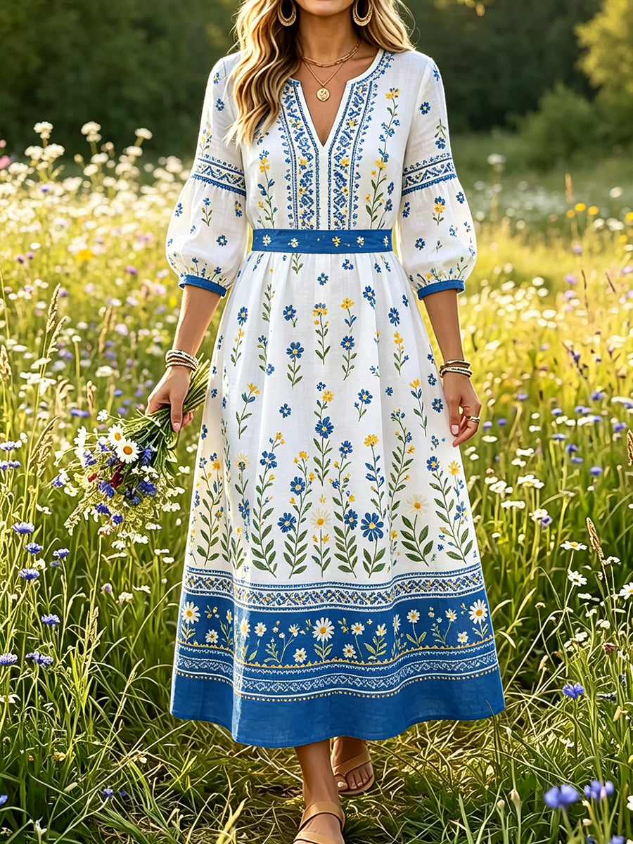 Women's Swedish Midsummer Dala Horse Print Casual Fashion Cotton Linen V-Neck Dress