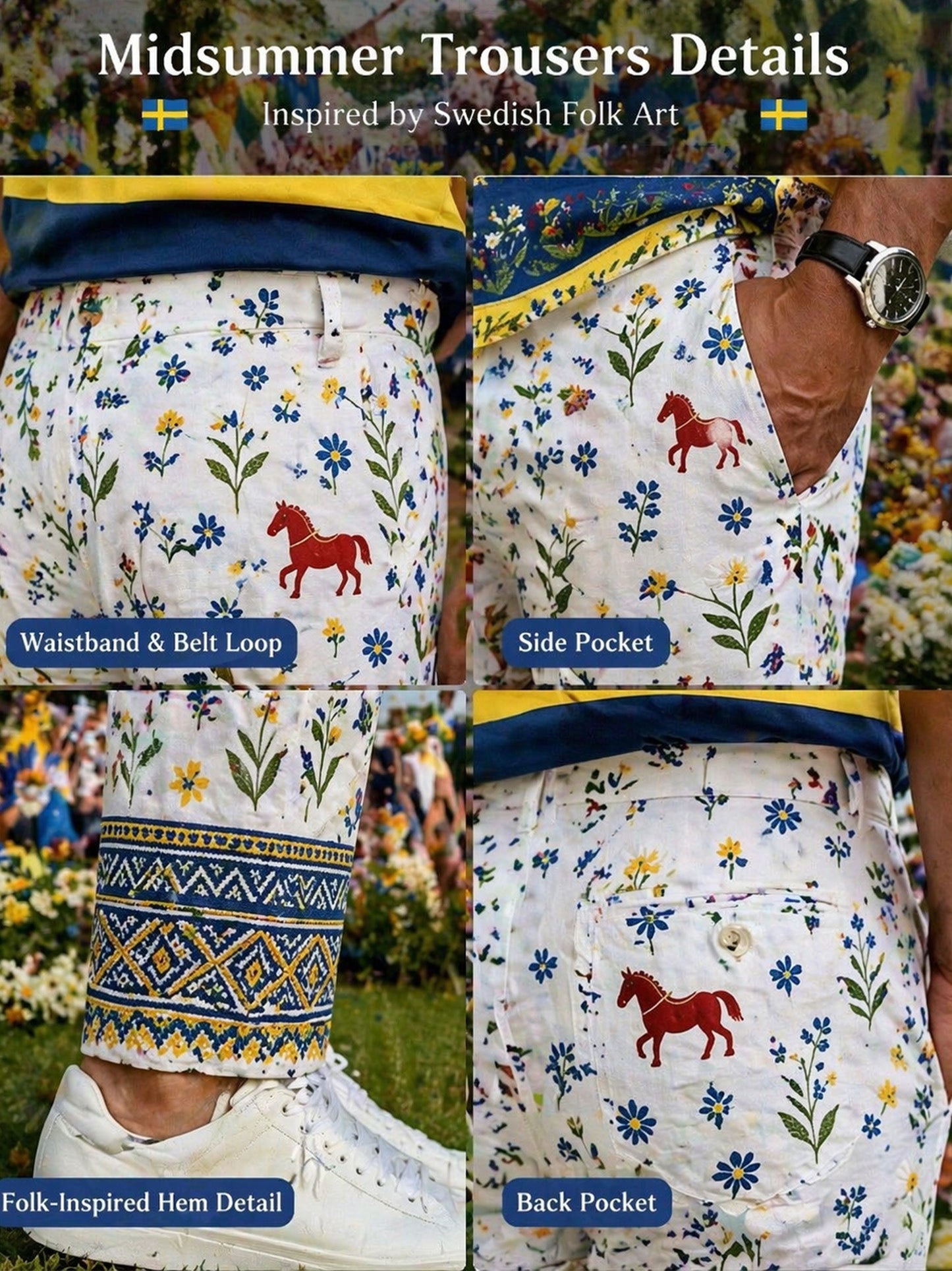 Men's art print trousers celebrating the Swedish Midsummer festival