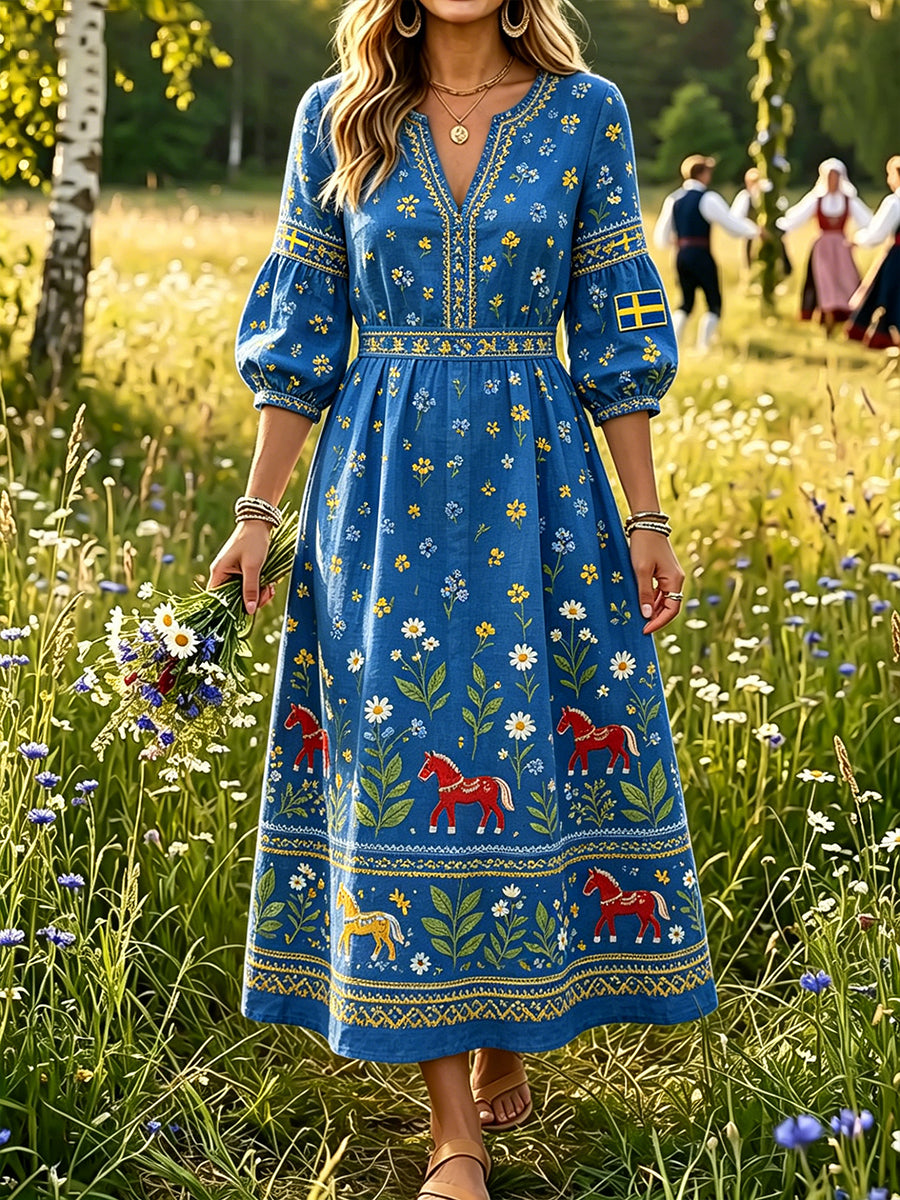 Women's Swedish Midsummer Dala Horse Print Casual Fashion Cotton Linen V-Neck Dress