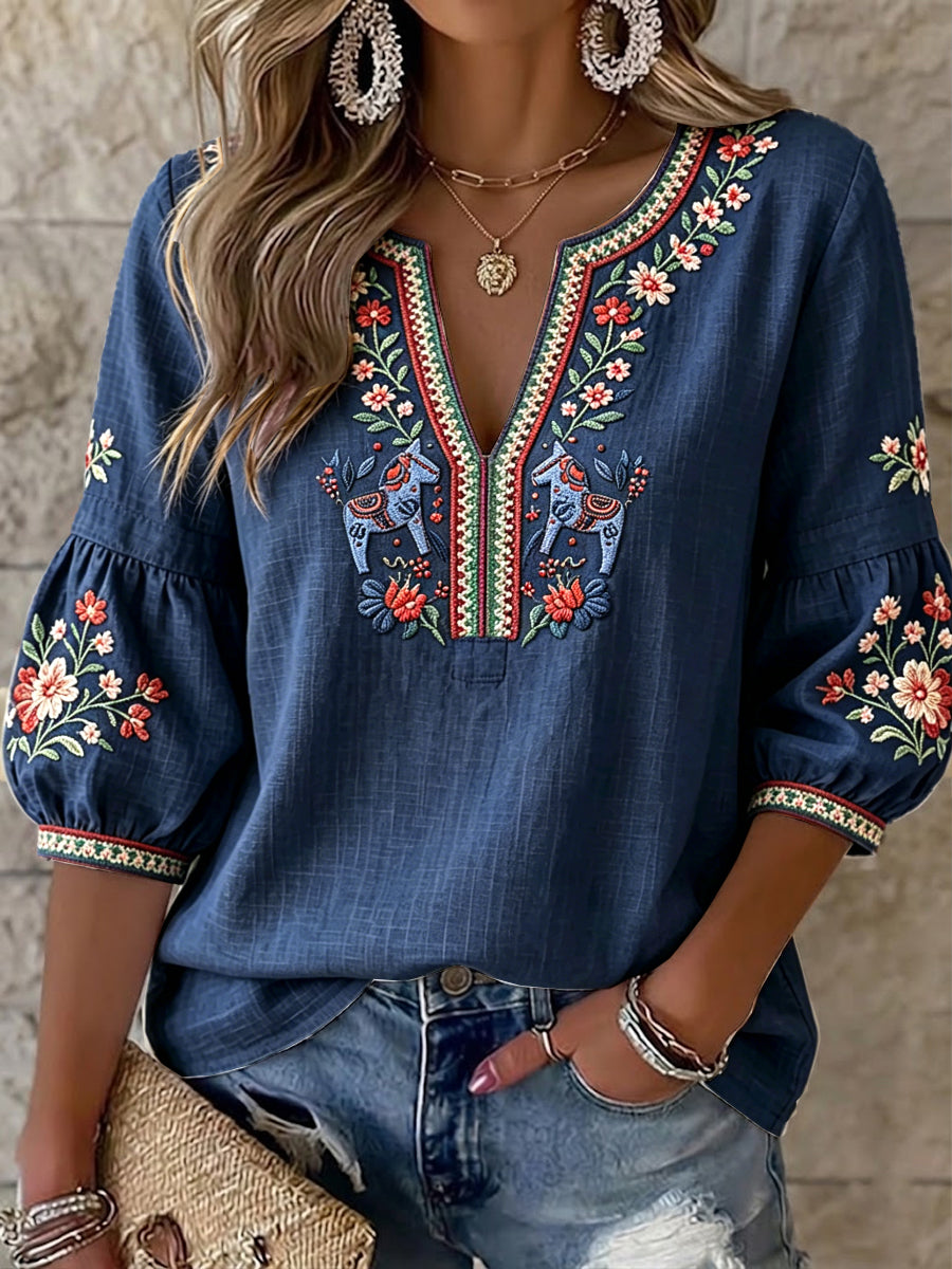 Women's cotton-linen v-neck shirt