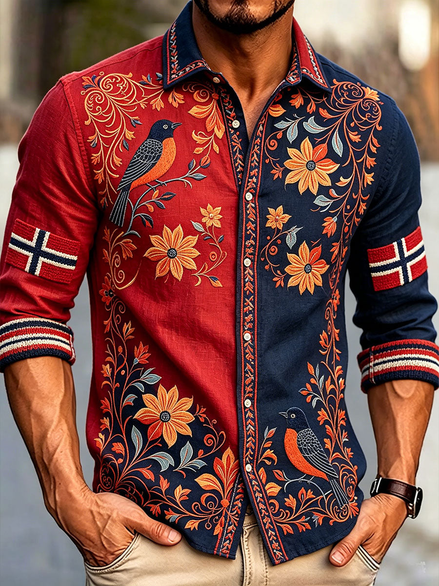 Men's shirt in Scandinavian style with Norwegian art print on linen