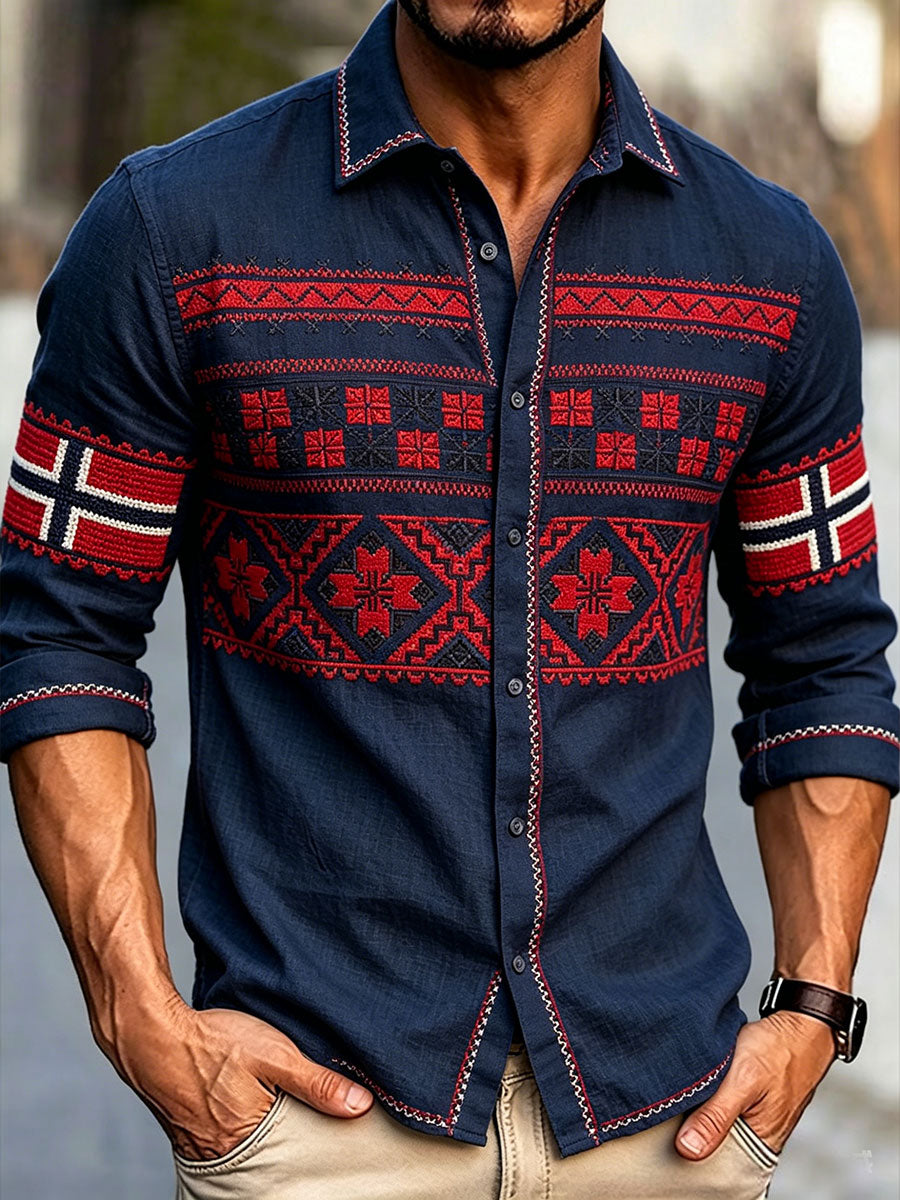 Men's shirt in Scandinavian style with Norwegian art print on linen