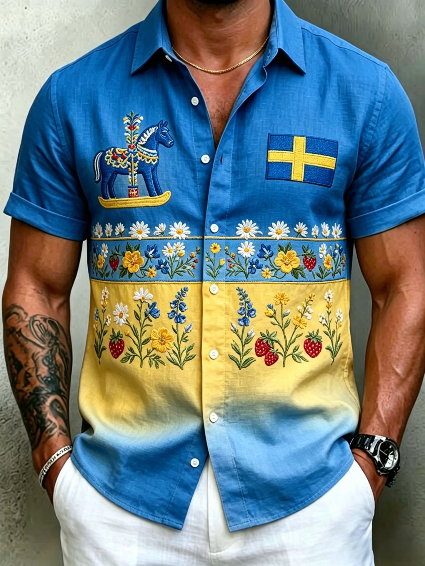 Men's retro Swedish Midsummer folk never-fading floral cotton-linen short-sleeved shirt