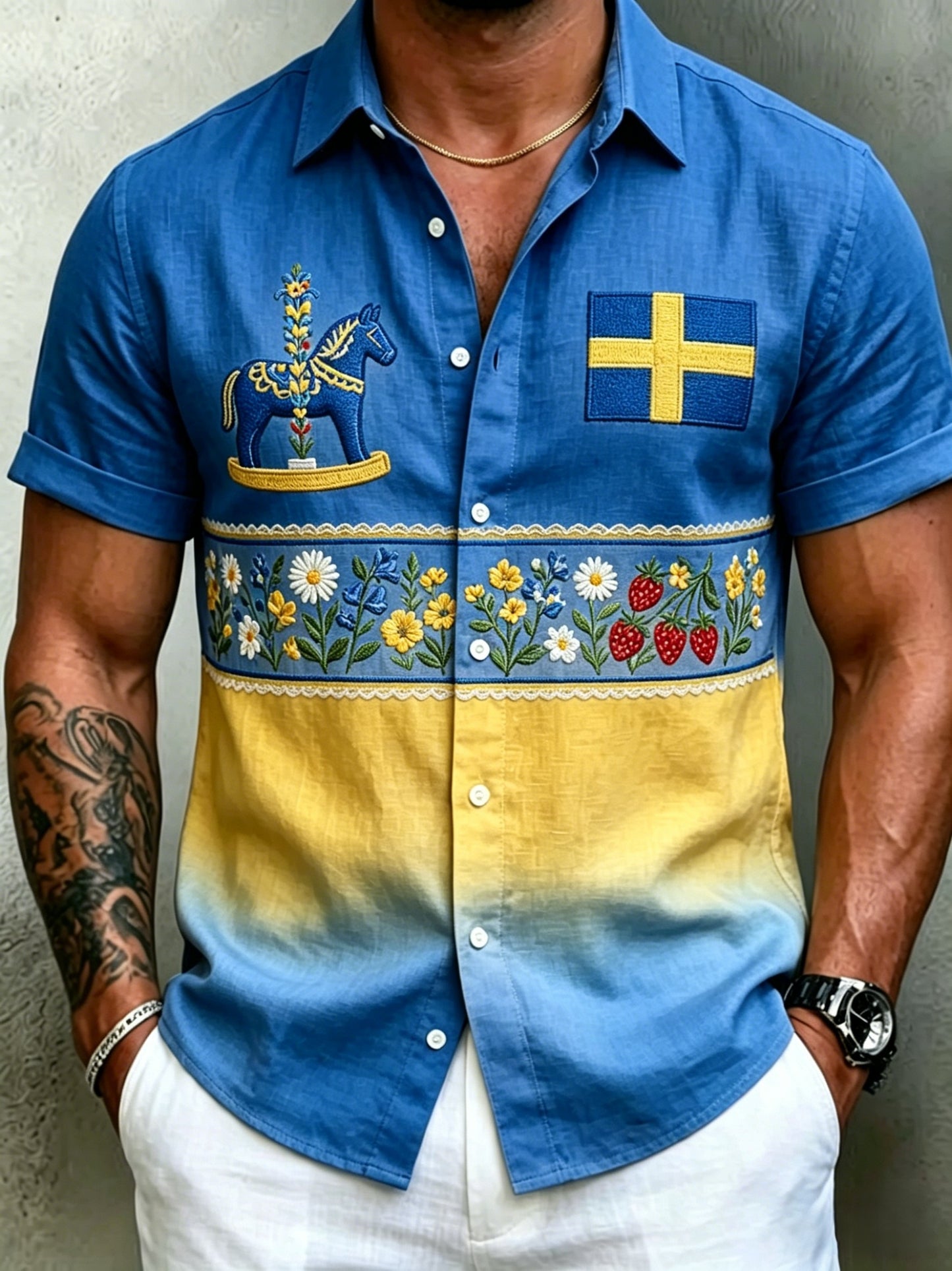 Men's retro Swedish Midsummer folk never-fading floral cotton-linen short-sleeved shirt
