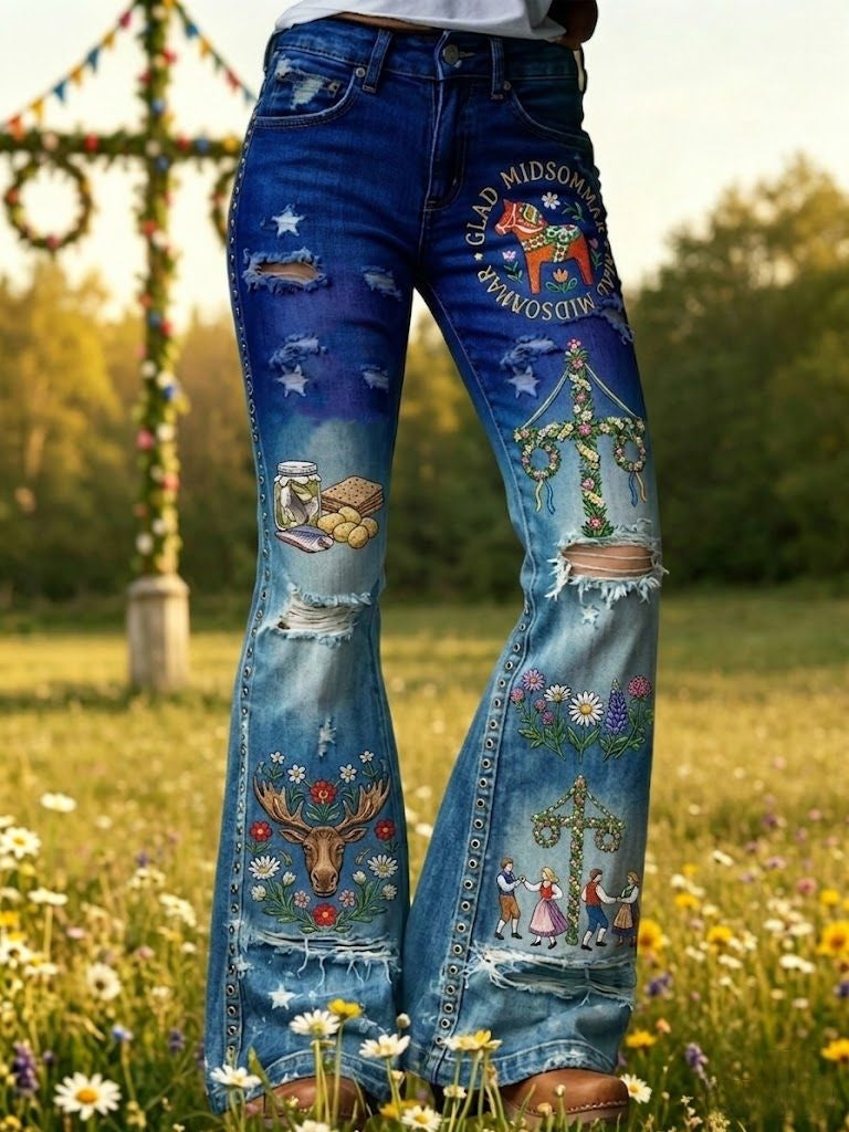 Women's retro Swedish midsummer folklore-inspired flared trousers with a floral pattern