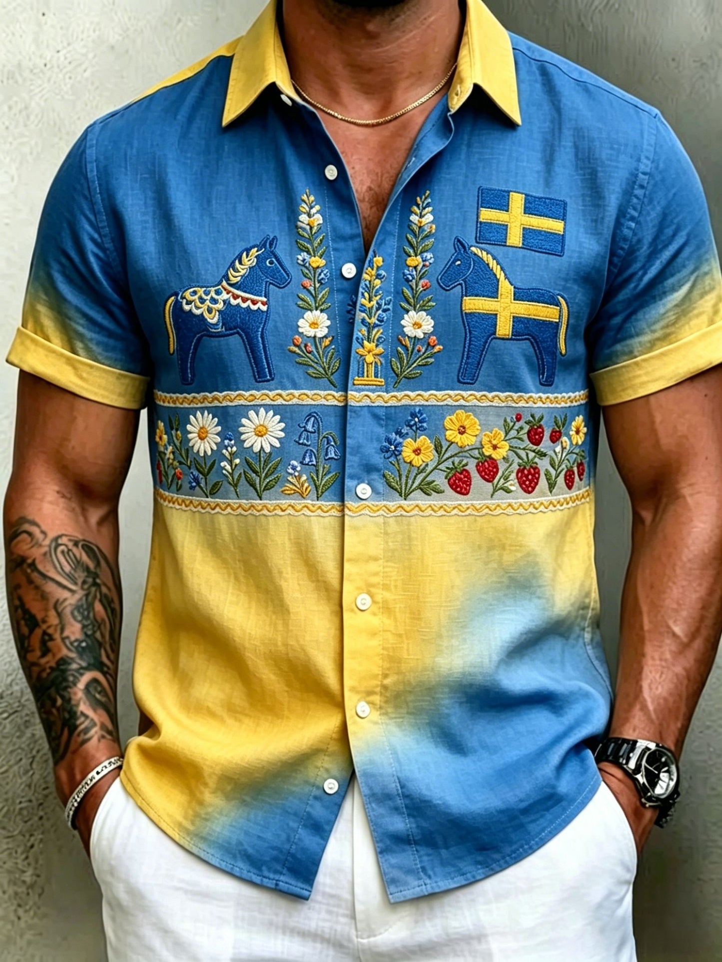 Men's retro Swedish Midsummer folk never-fading floral cotton-linen short-sleeved shirt