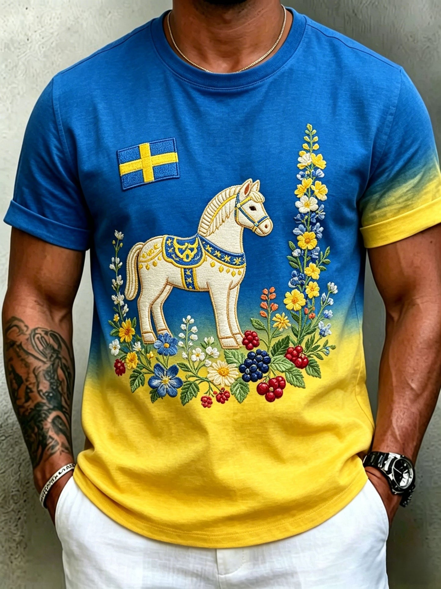 Herrretro svensk midsommarfolkal blommig kortärmad t-shirt