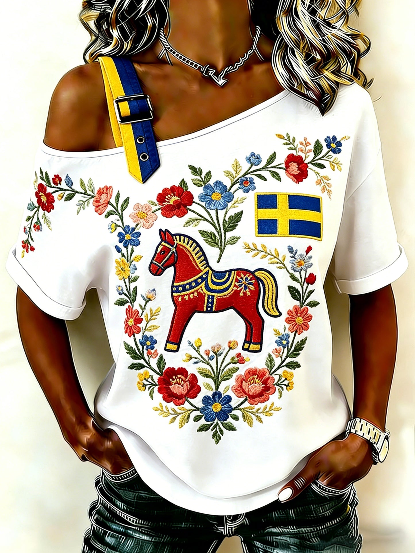 Ladies' Swedish Midsummer Festival Souvenir Print Off-Shoulder Top