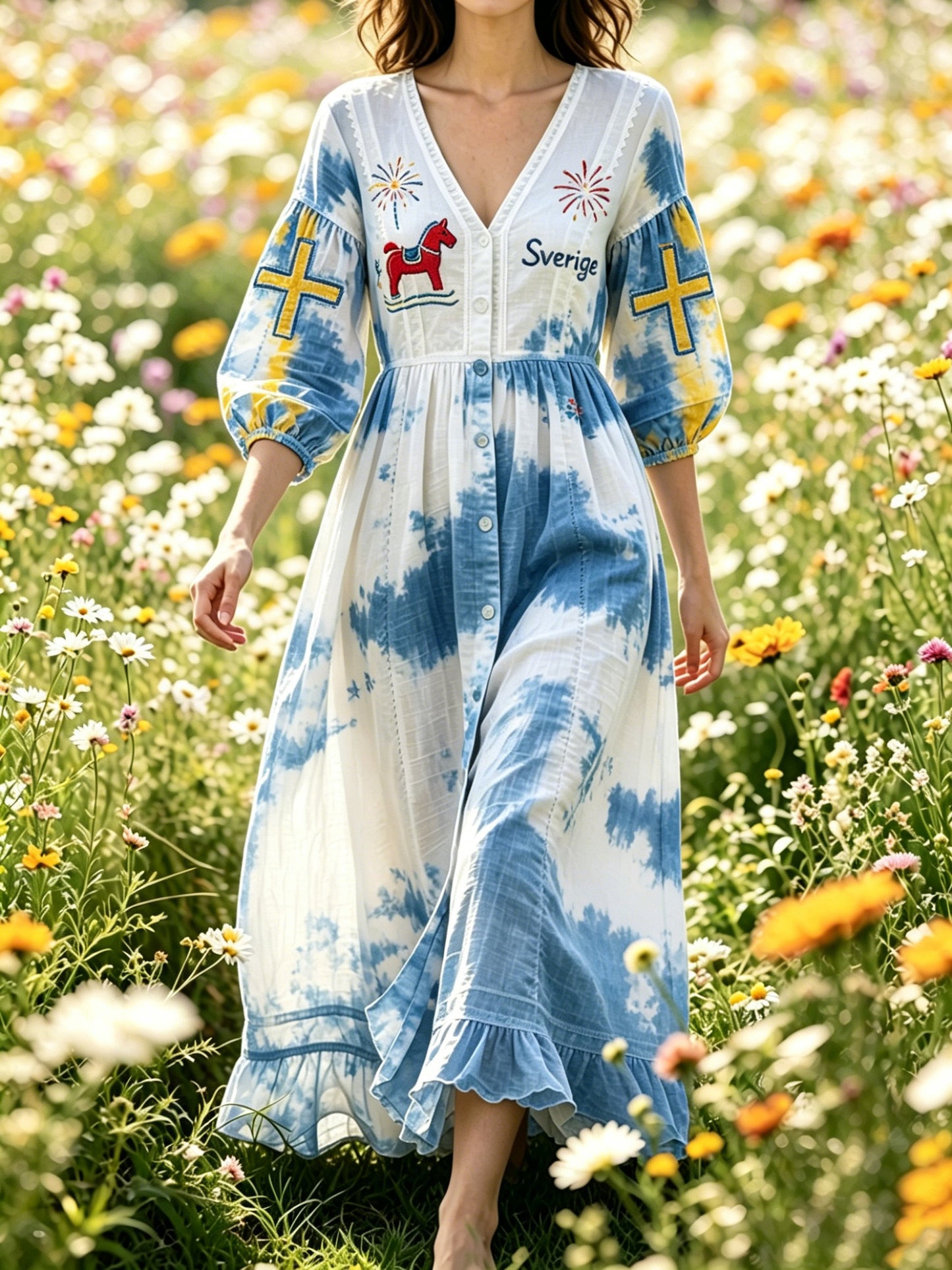 Damer Svensk nationaldag minneskonsttryck klänning