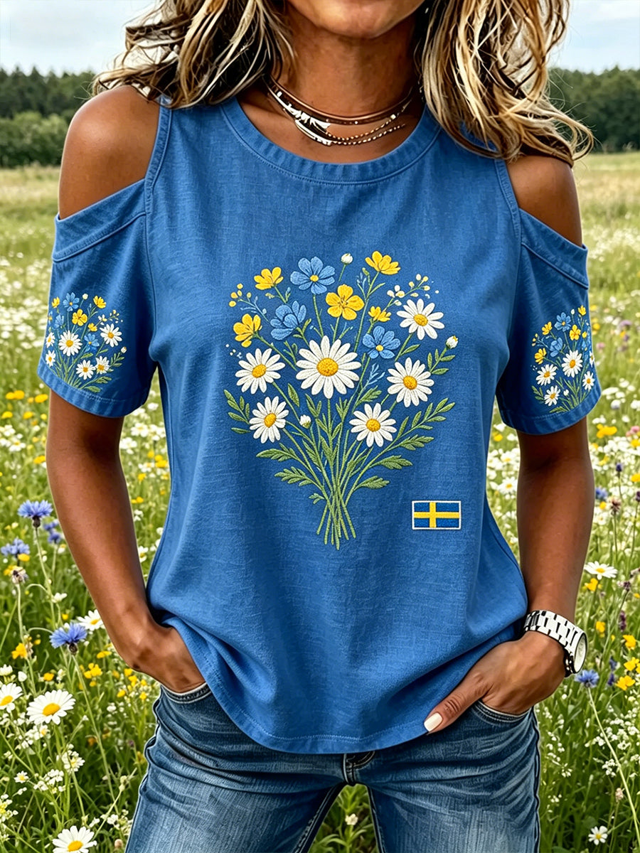Dams Midsummer-topp med blommönster och off-shoulder-ärmarna