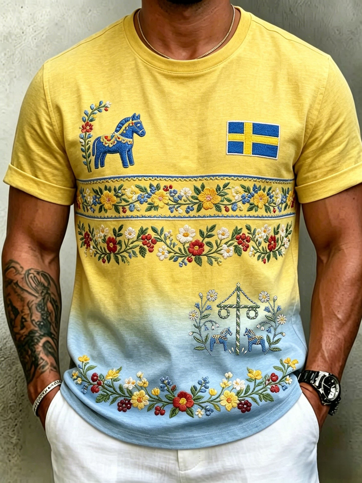 Men's Retro Swedish Midsummer Folk Floral Short Sleeve T-Shirt