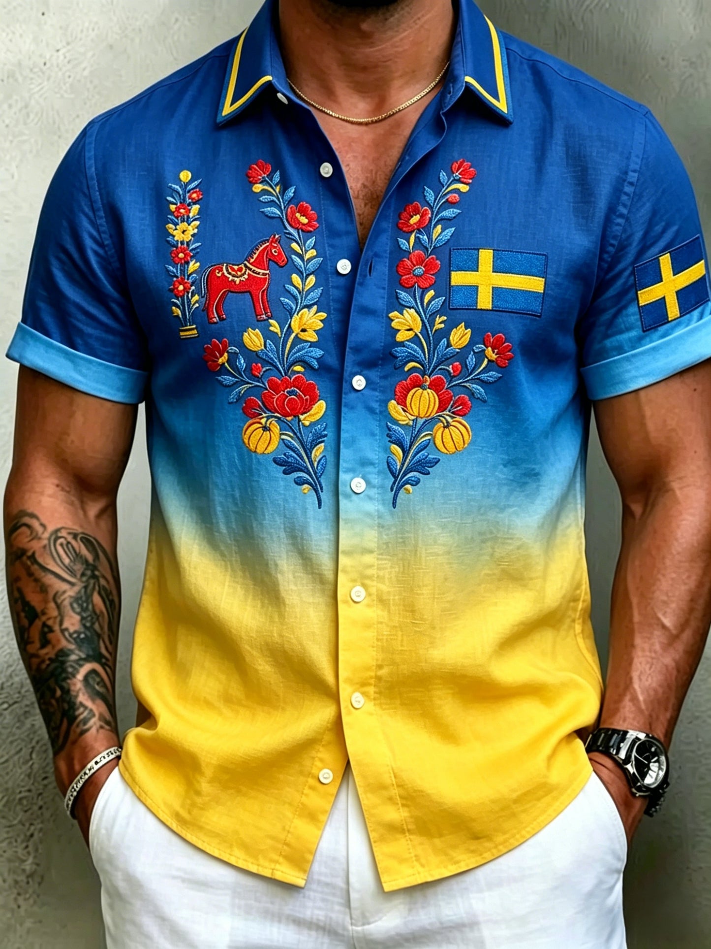 Men's retro Swedish Midsummer folk never-fading floral cotton-linen short-sleeved shirt