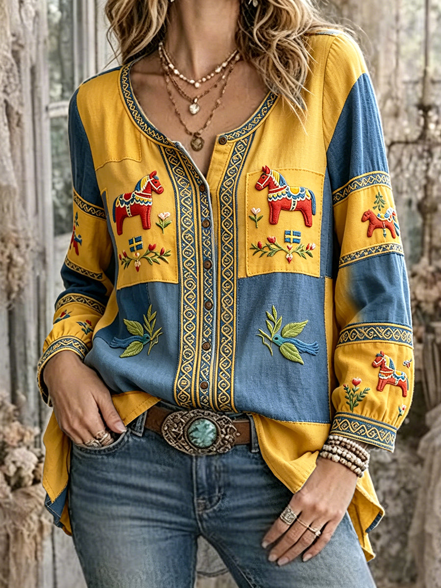 Women's cotton-linen shirt with Midsummer and Dala horse pattern, made in a patchwork style