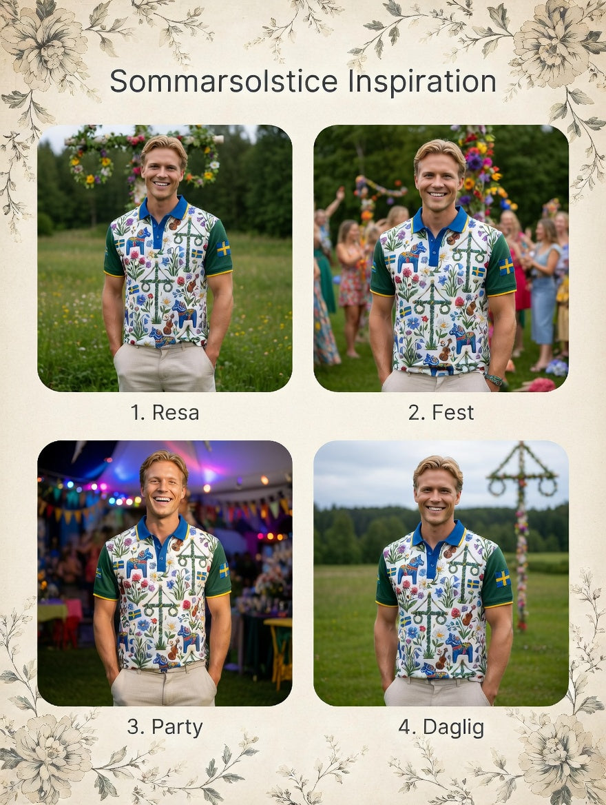 Men's Retro Swedish Midsummer Art Print Short Sleeve Polo Shirt