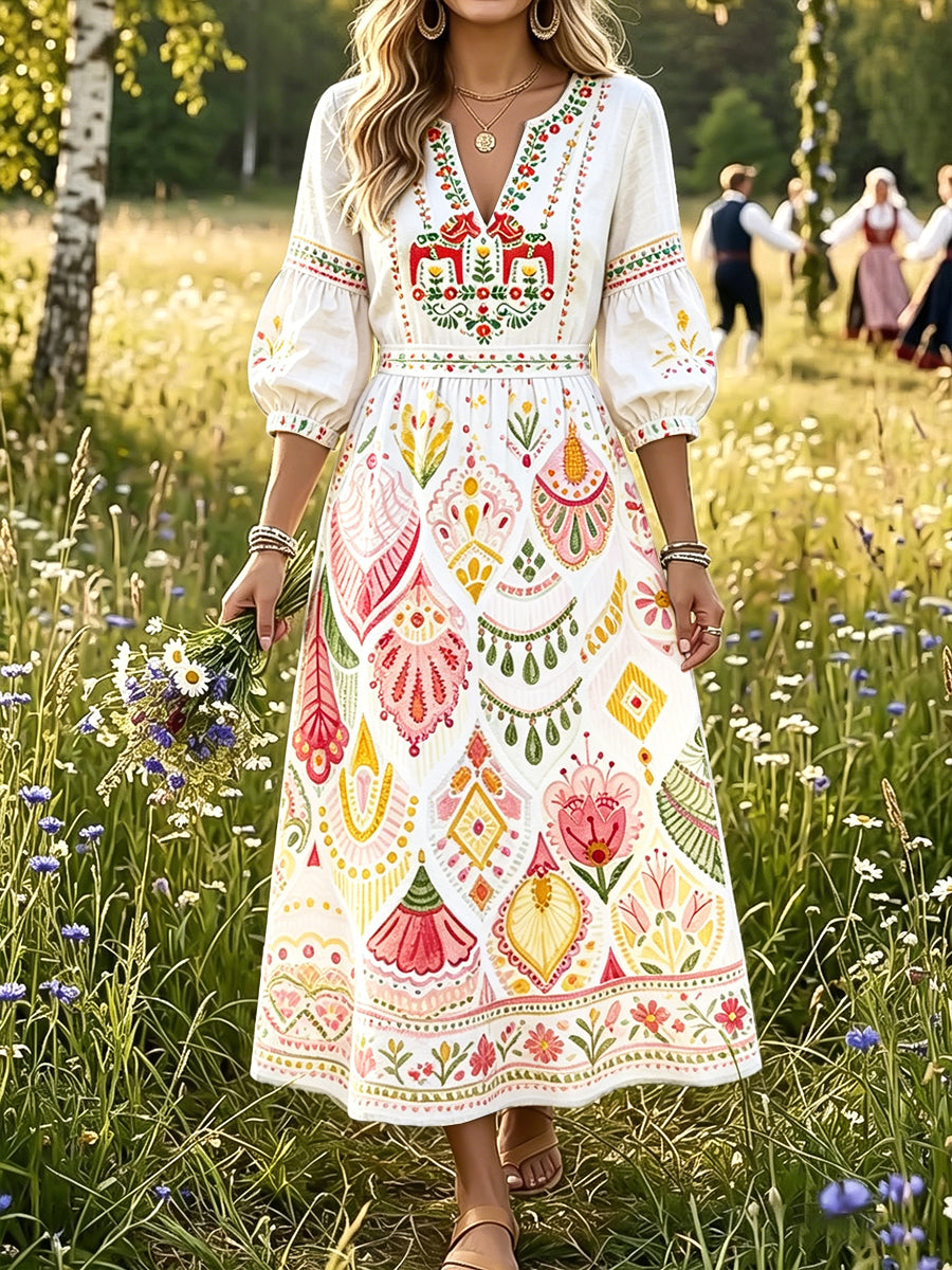 Women's white summer dress with Swedish Dala horse graffiti print